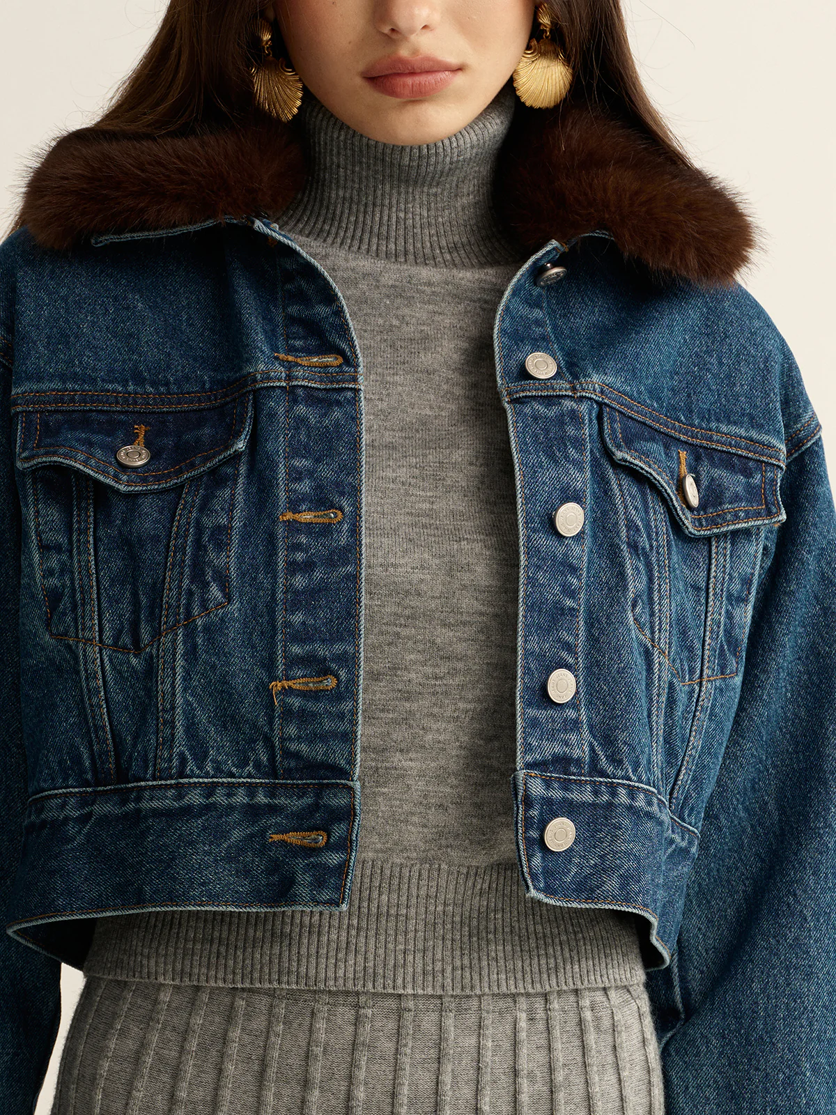 Faux Fur Collar Denim Cropped Jacket - Wholesalesil