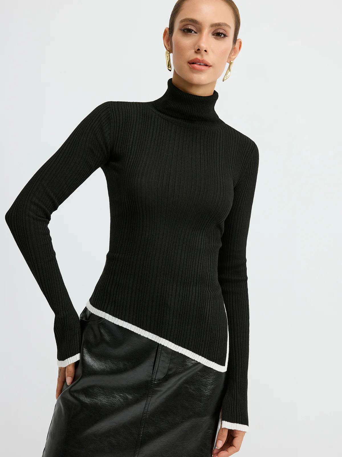 Turtleneck Contrast Trim Slit Wool Blend Knit Top - Wholesalesil