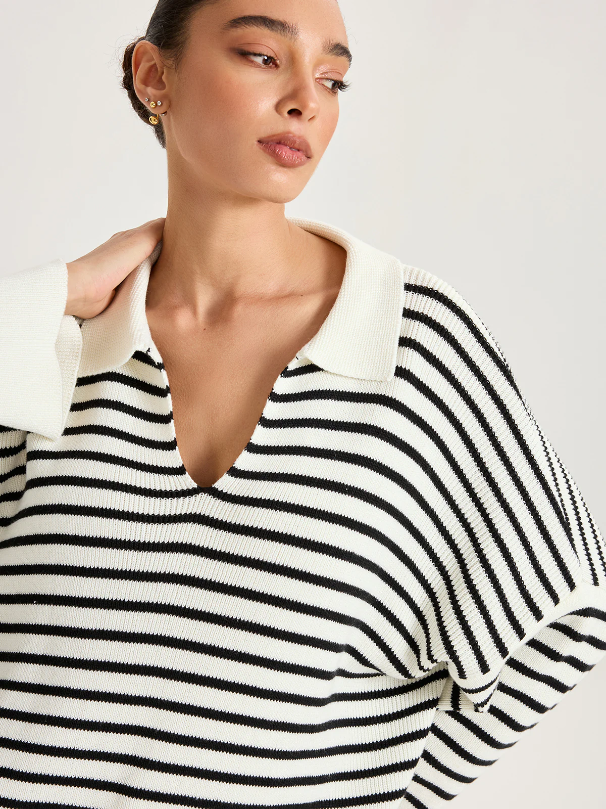 Striped Polo V-Neck Knit Top - Wholesalesil