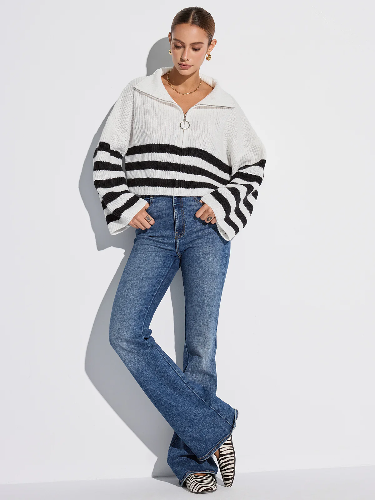 Half-Zip Striped Oversized Sweater - Wholesalesil