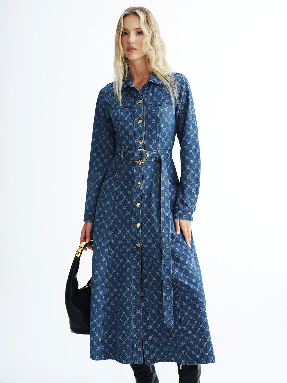 Printed Denim Belted Midi Shirt Dress - Wholesalesil