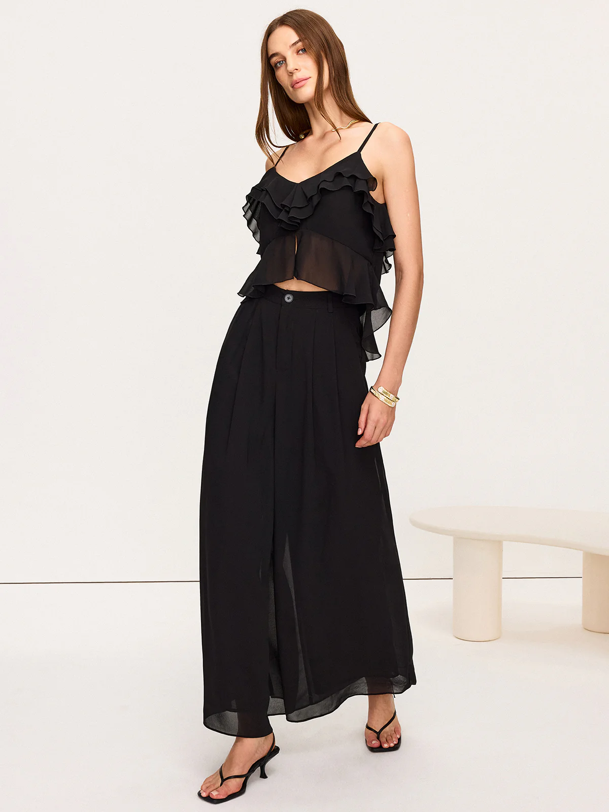 Chiffon Ruffle Top and Wide-Leg Pants Set - Wholesalesil