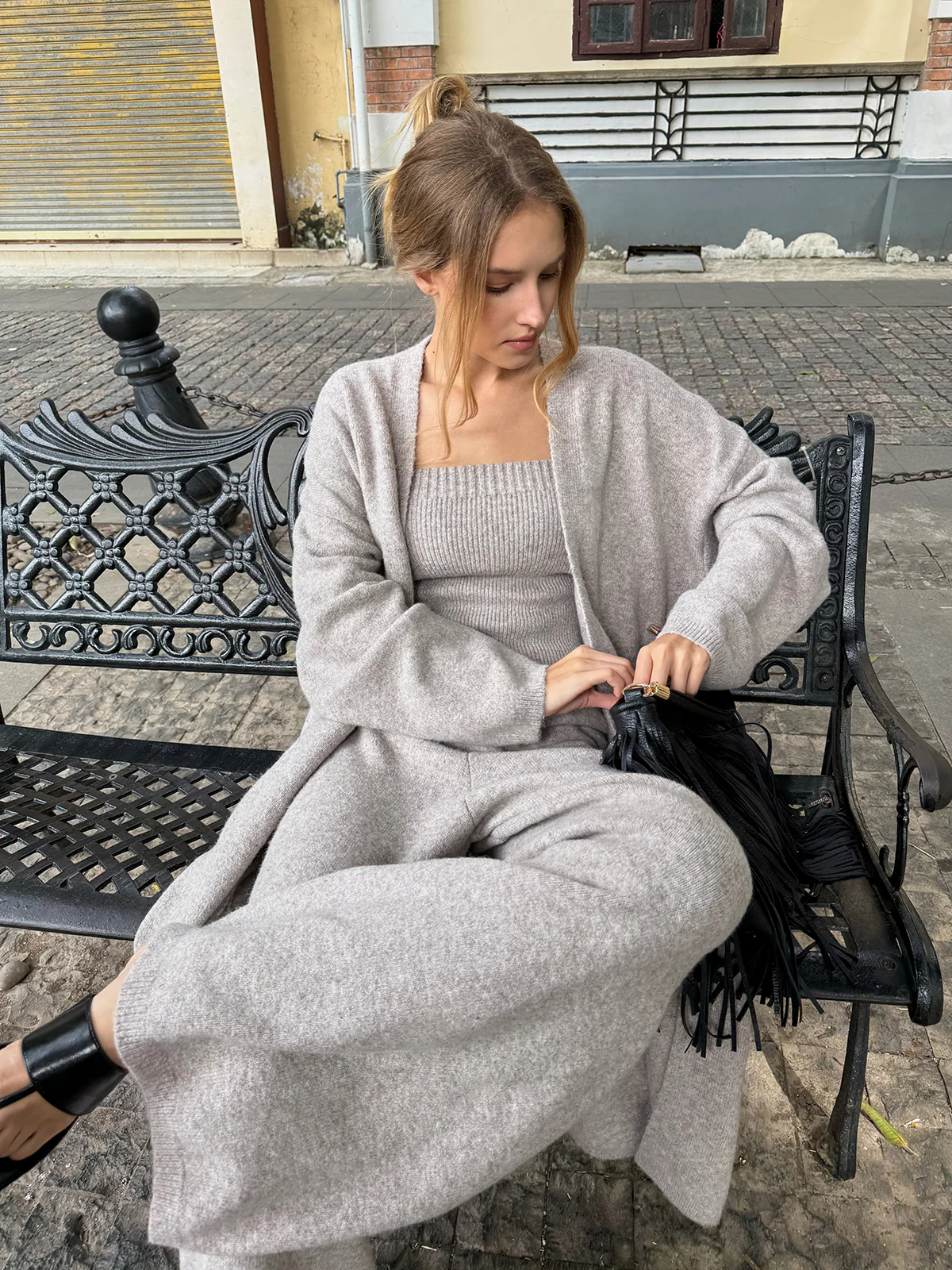 Three-Piece Knit Bustier Cardigan Pants Set - Wholesalesil