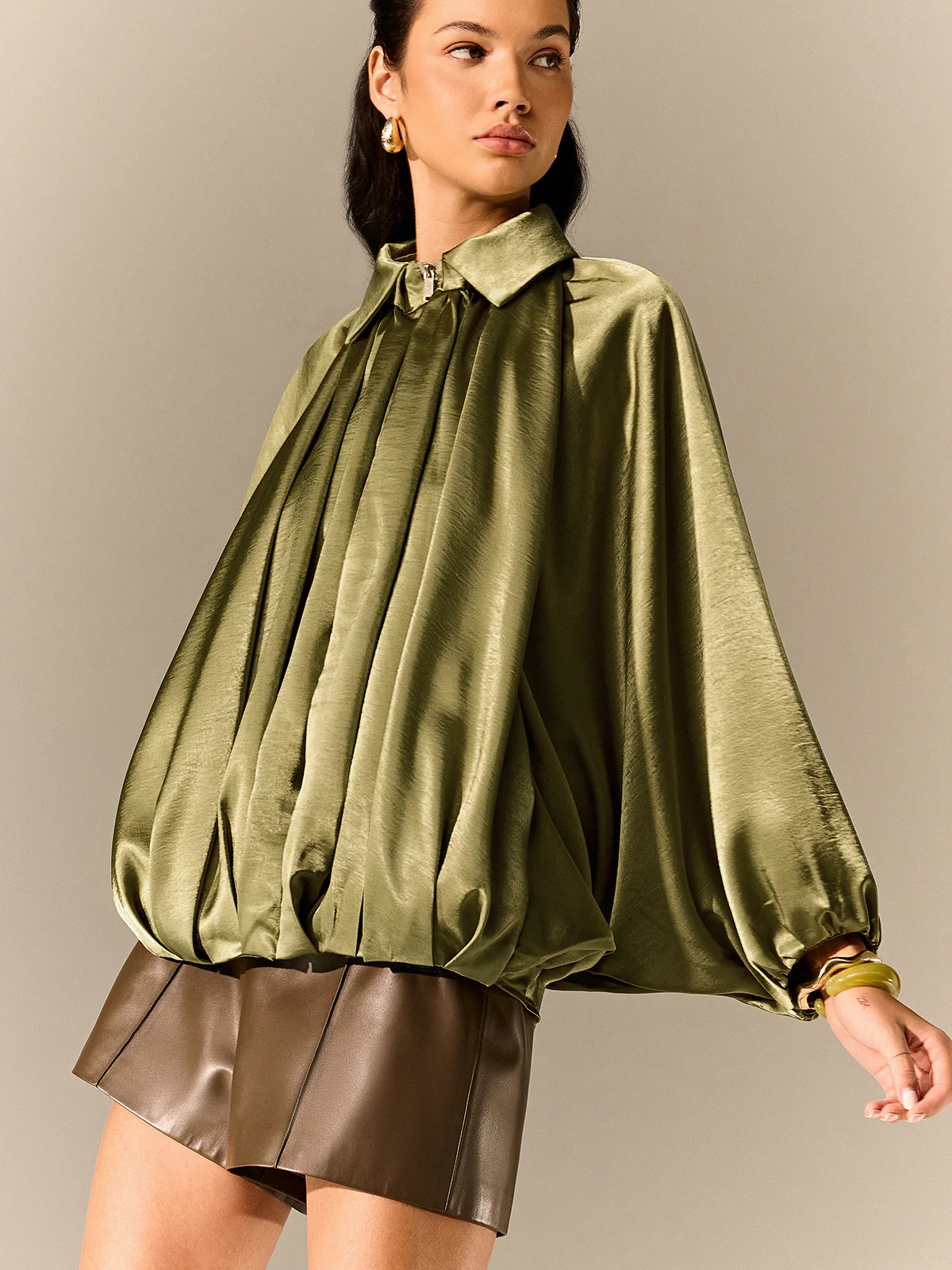 Satin Pleated Lantern-Sleeve Shirt Jacket - Wholesalesil
