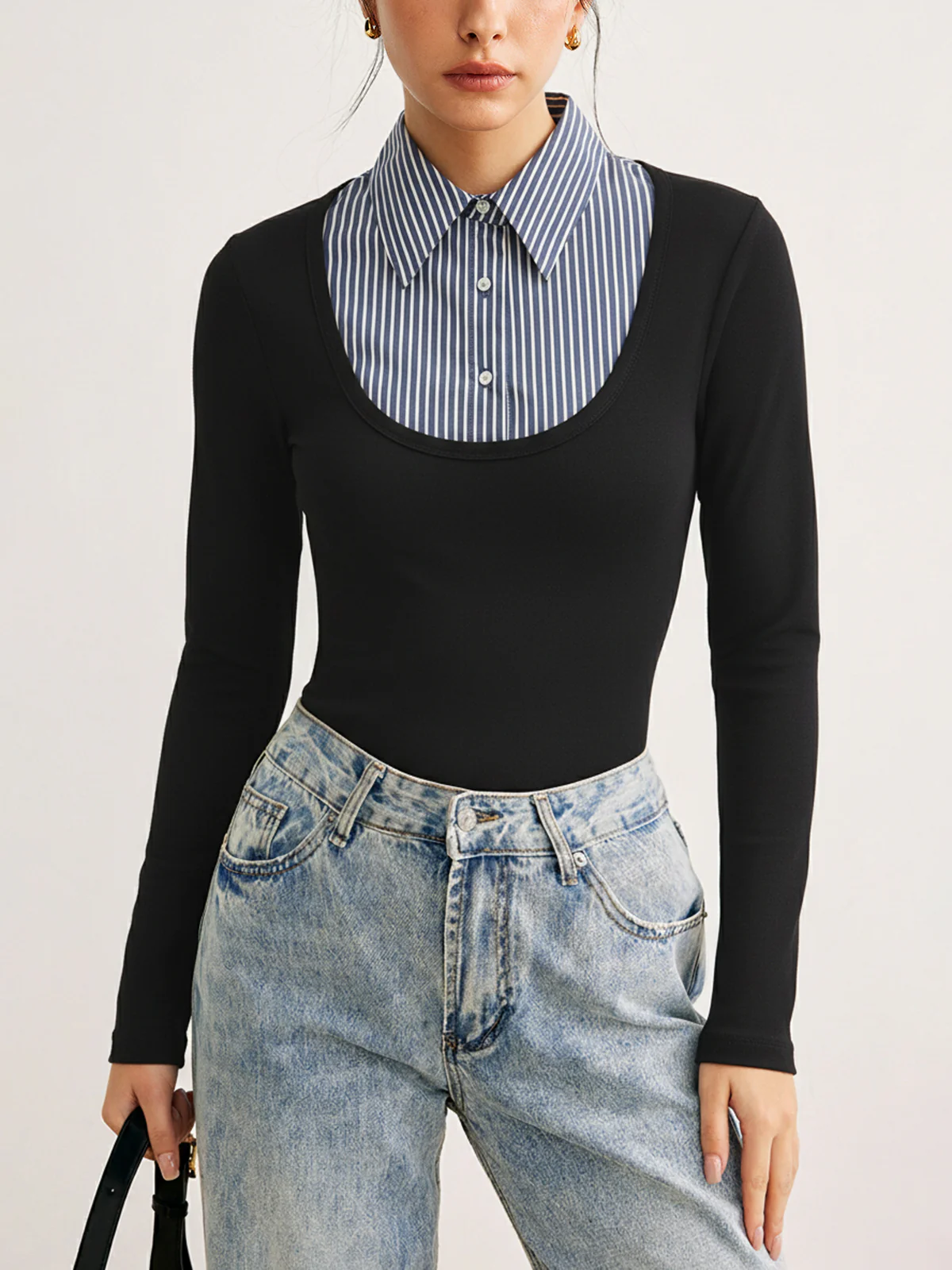 Striped Shirt Panel Long-Sleeve Knit Top - Wholesalesil