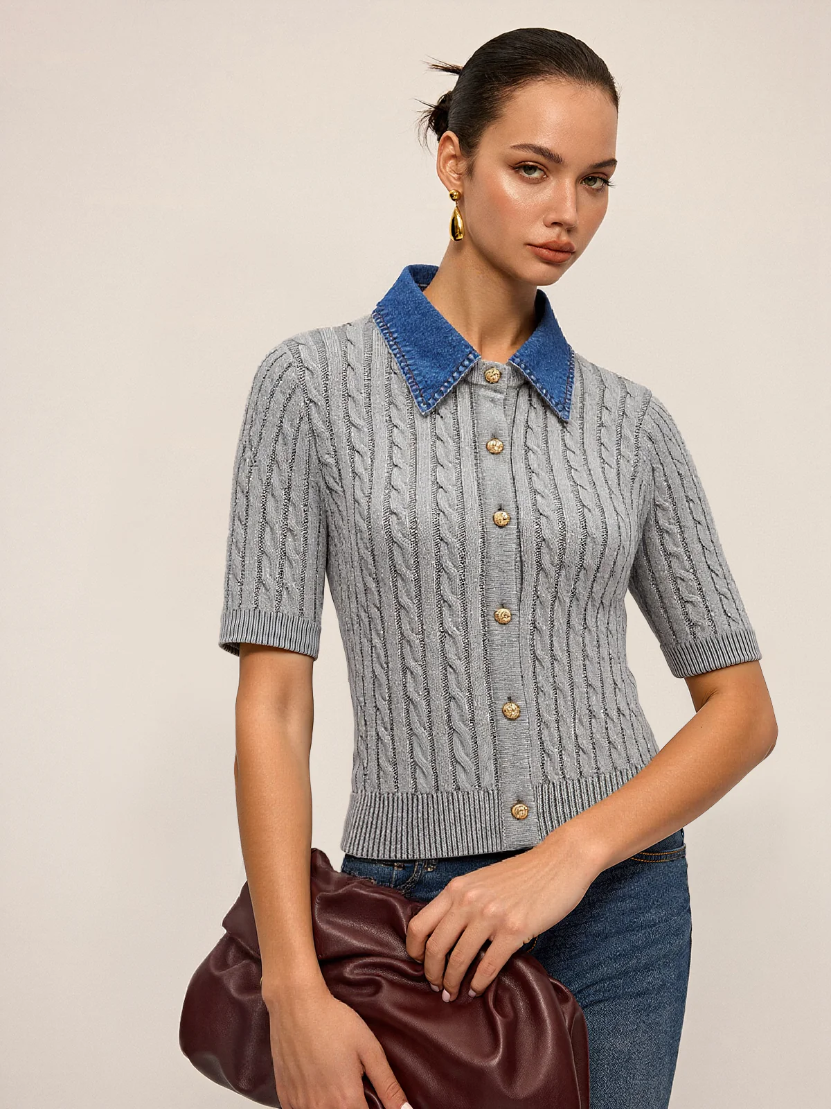 Metal Button Denim Collar Cable-Knit Top - Wholesalesil