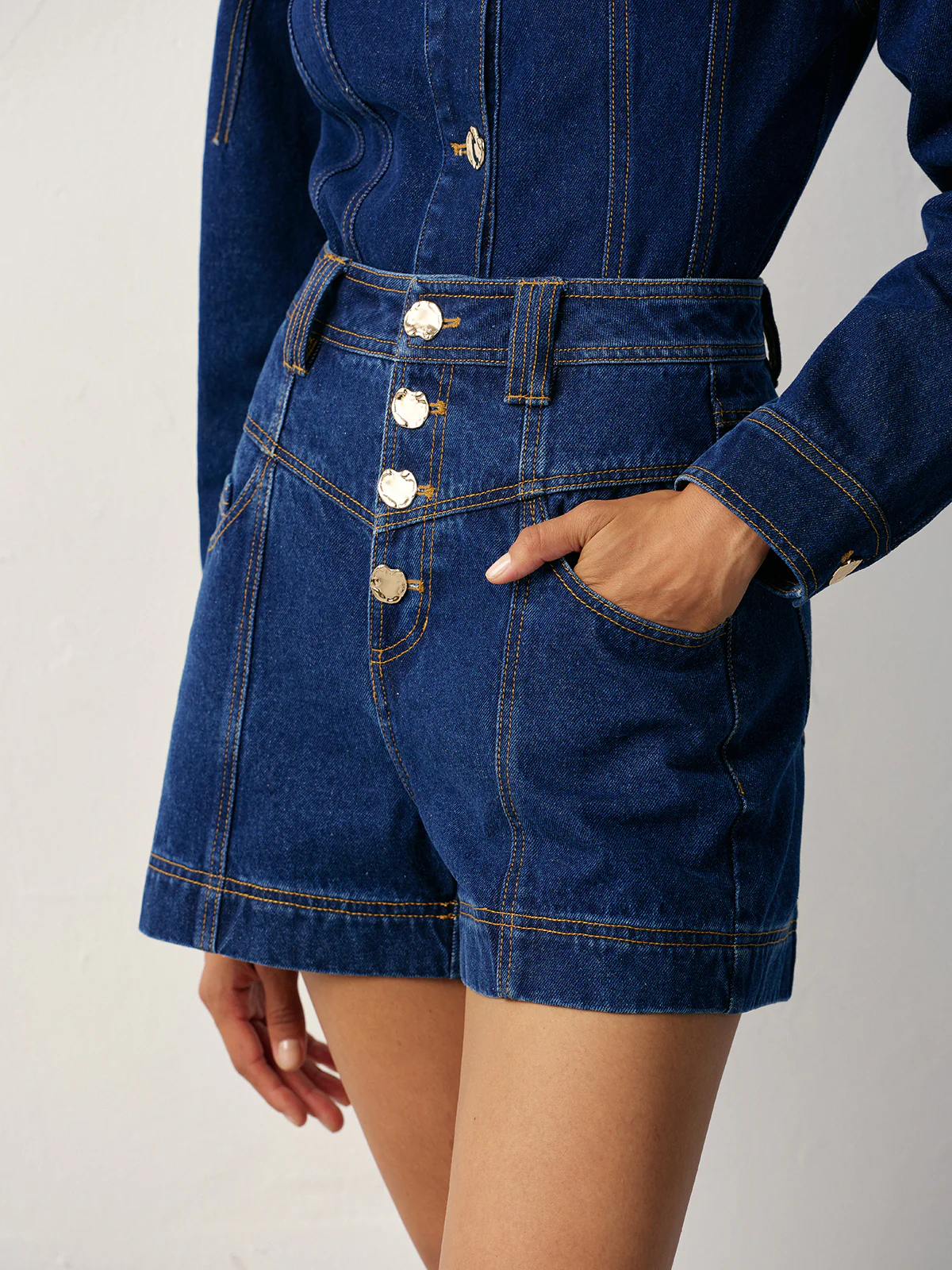 High-Waisted Button-Front Denim Short - Wholesalesil
