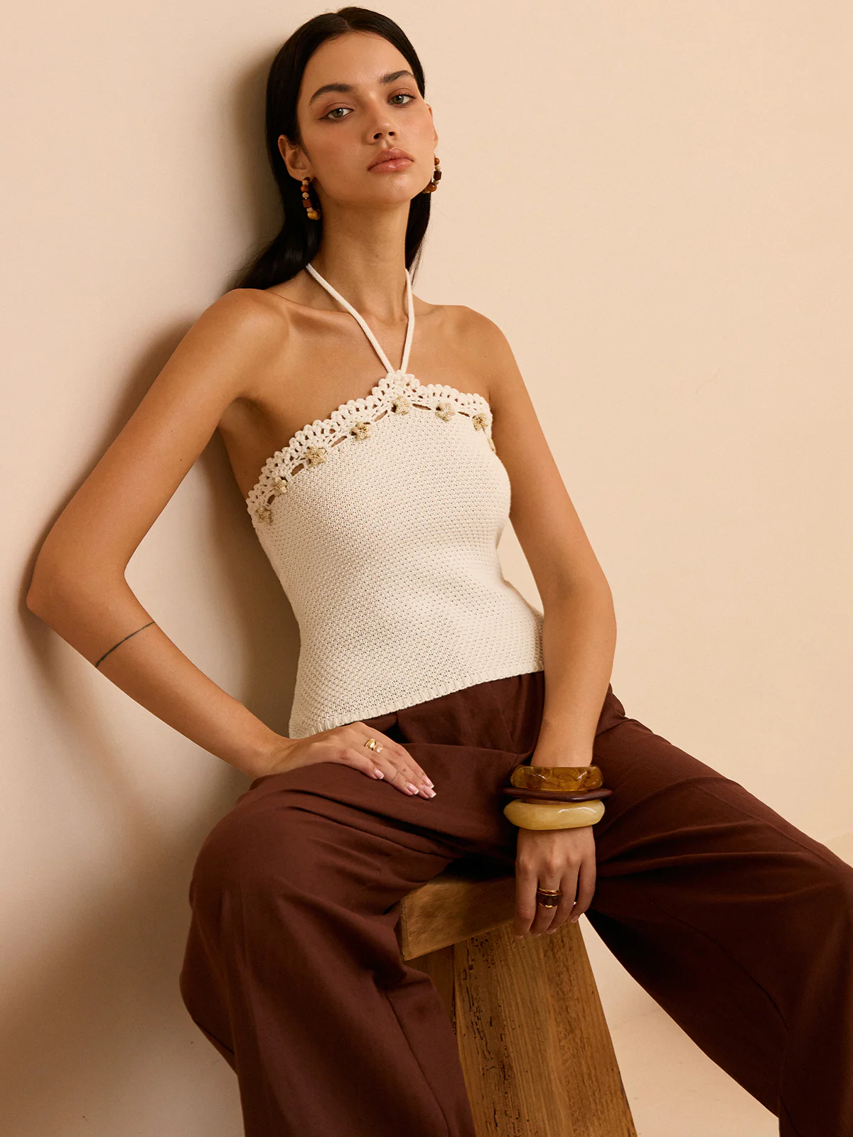 Crochet Halter Top with Floral Trim - Wholesalesil