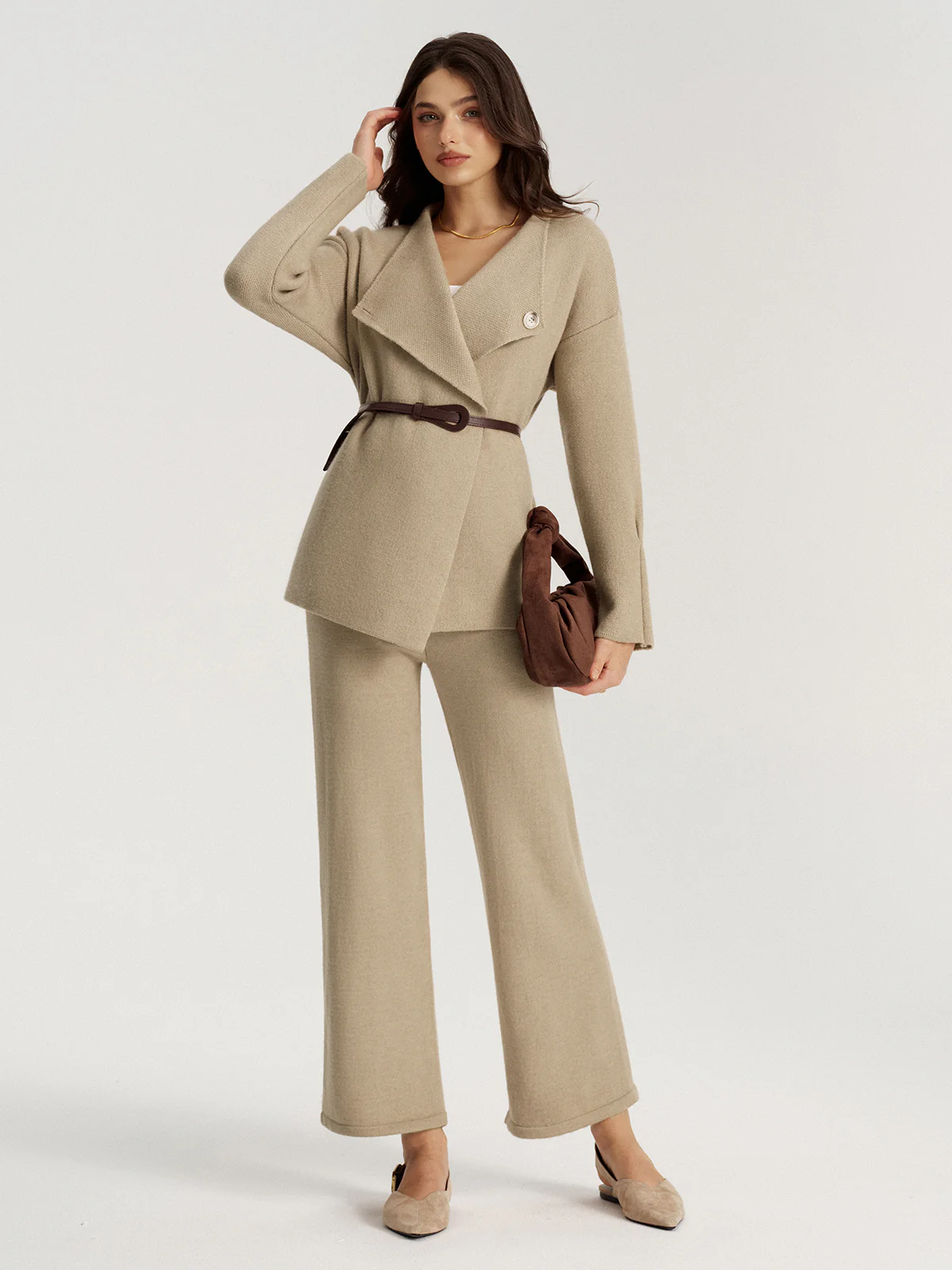 Belted Knit Blazer and Pants Set - Wholesalesil