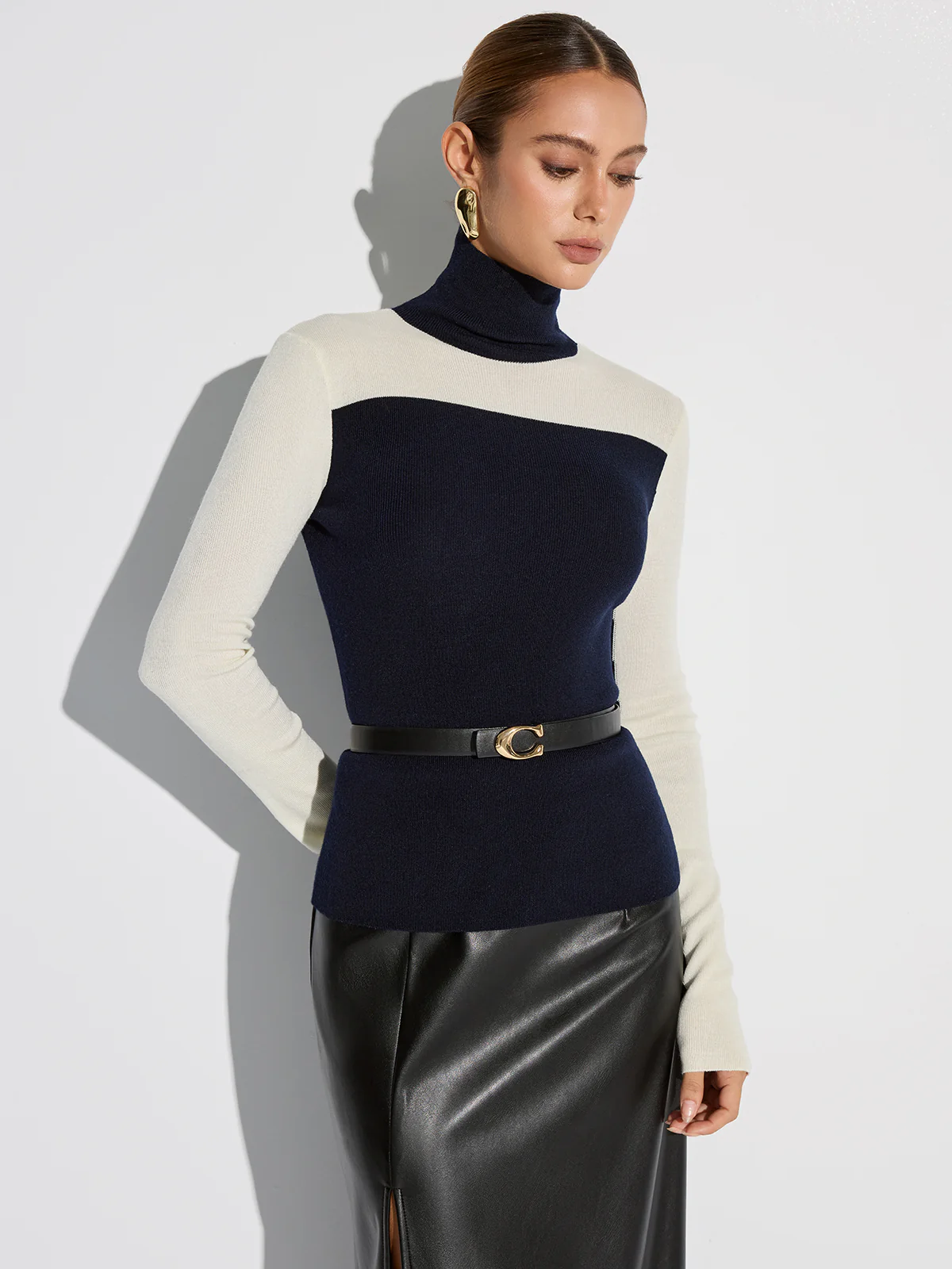 Turtleneck Two-Tone Wool Blend Knit Top - Wholesalesil