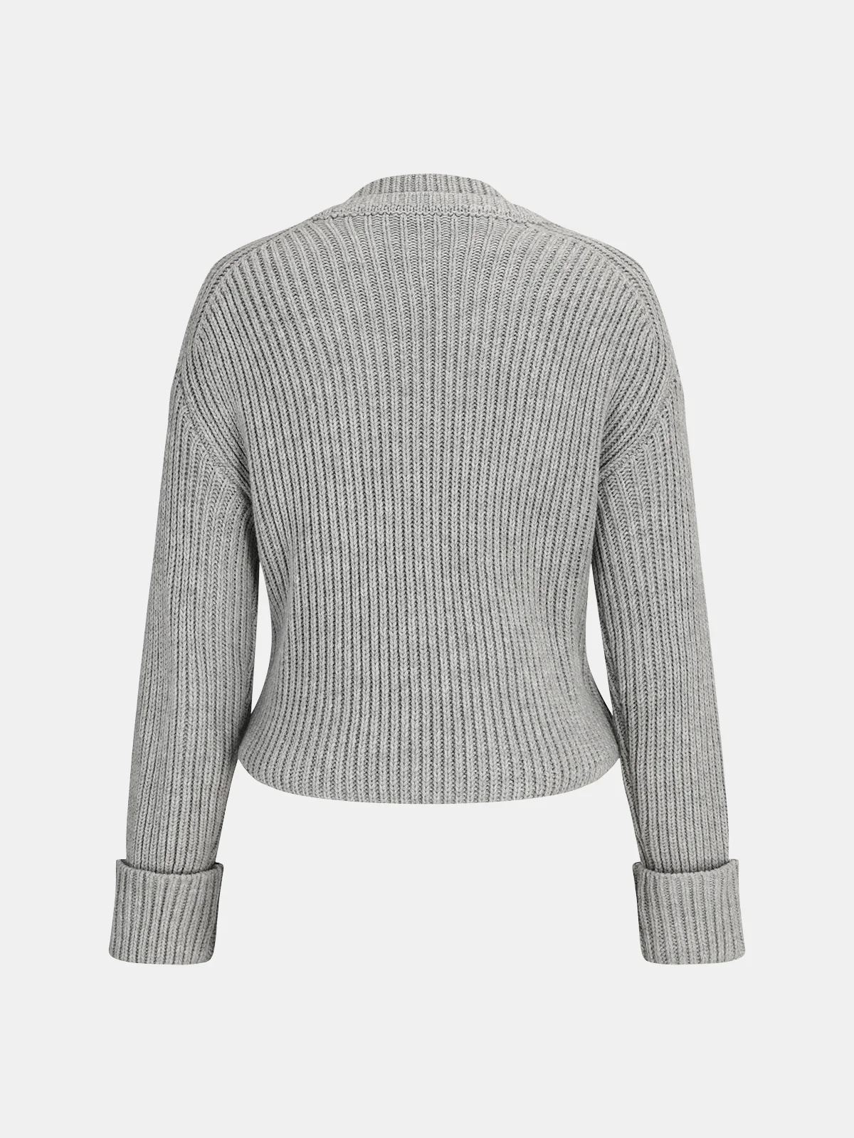 Cuffed Sleeve Ribbed Knit V-Neck Sweater - Wholesalesil
