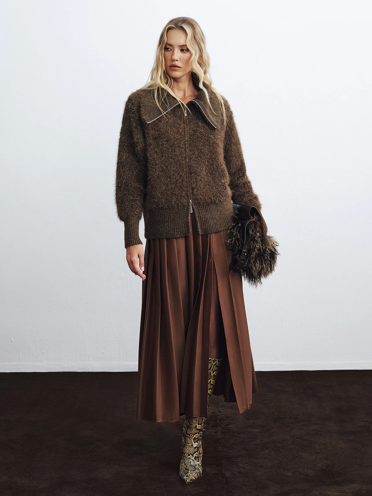 Oversized Collar Double-Zip Fuzzy Knit Jacket - Wholesalesil