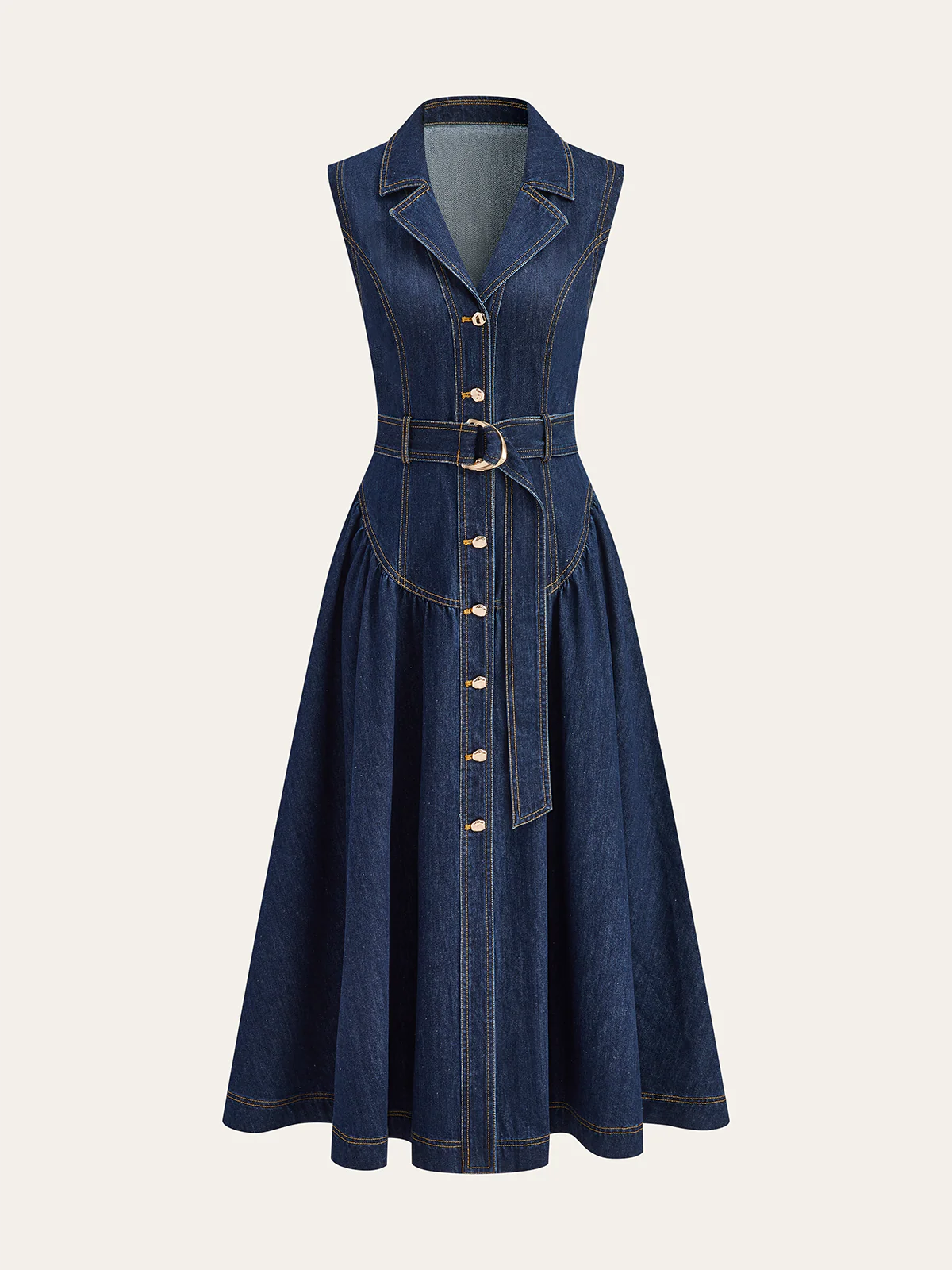 Metal Detail Denim Button-Front Belted Dress - Wholesalesil
