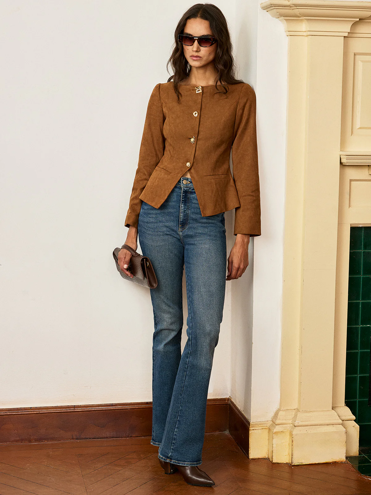 Suede Effect Fitted Metal Button Jacket - Wholesalesil