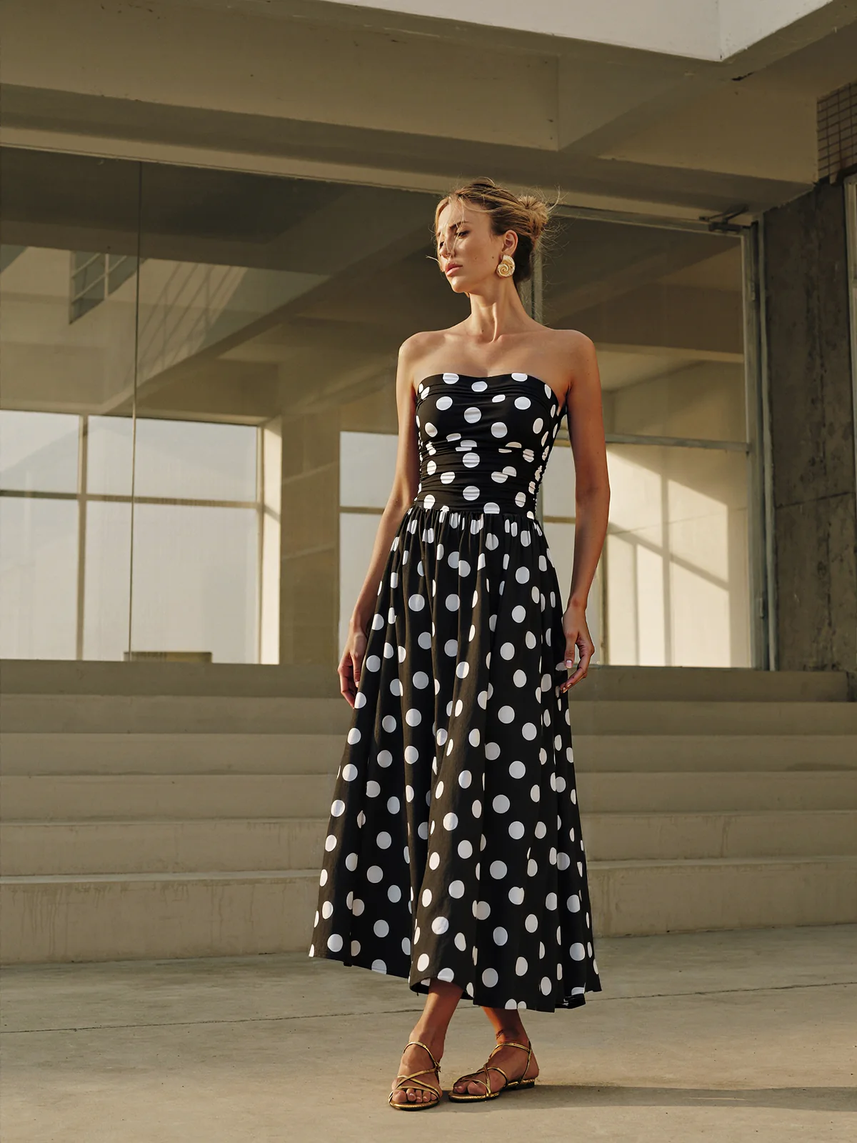 Strapless Polka Dot Ruched Maxi Dress - Wholesalesil