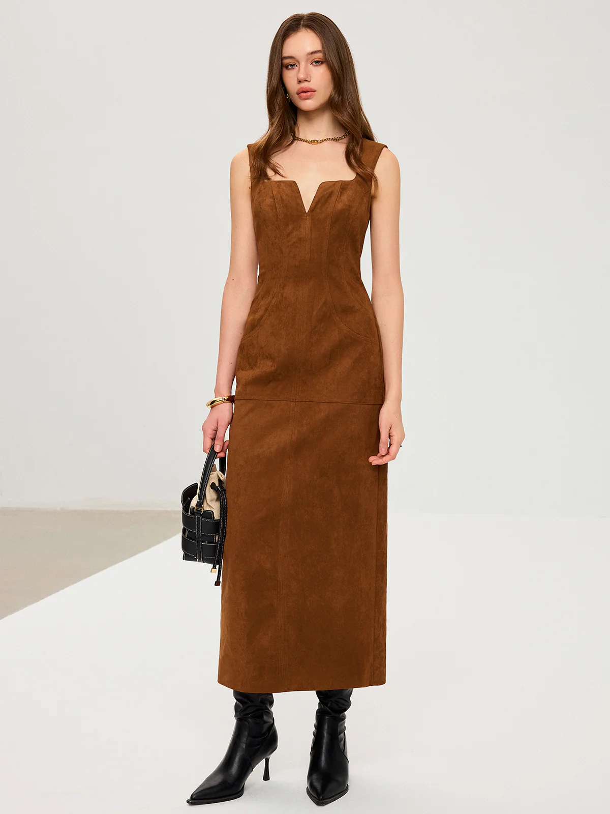 Suede Effect Low-Neck Sleeveless Maxi Dress - Wholesalesil