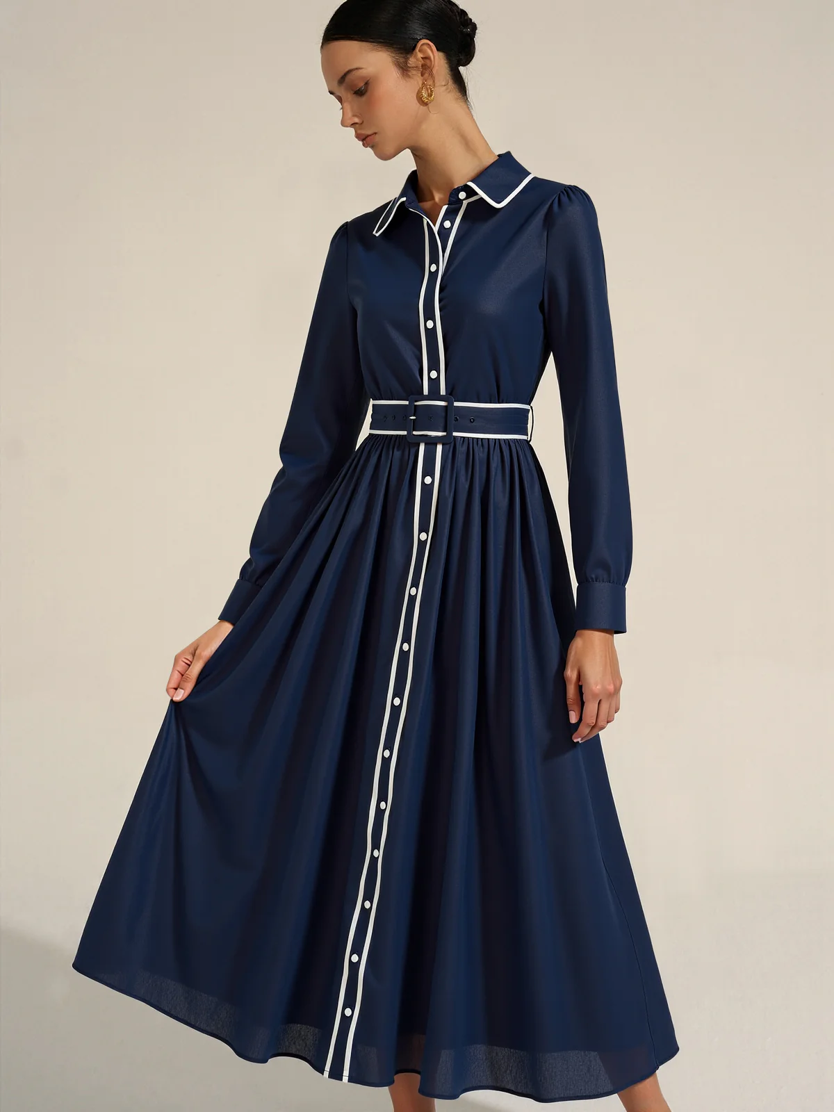 Contrast Trim Belted Pleated Shirt Dress - Wholesalesil