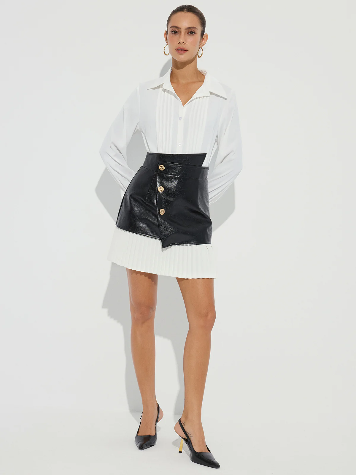 Pleated Panel Faux Leather Asymmetric Mini Skirt - Wholesalesil