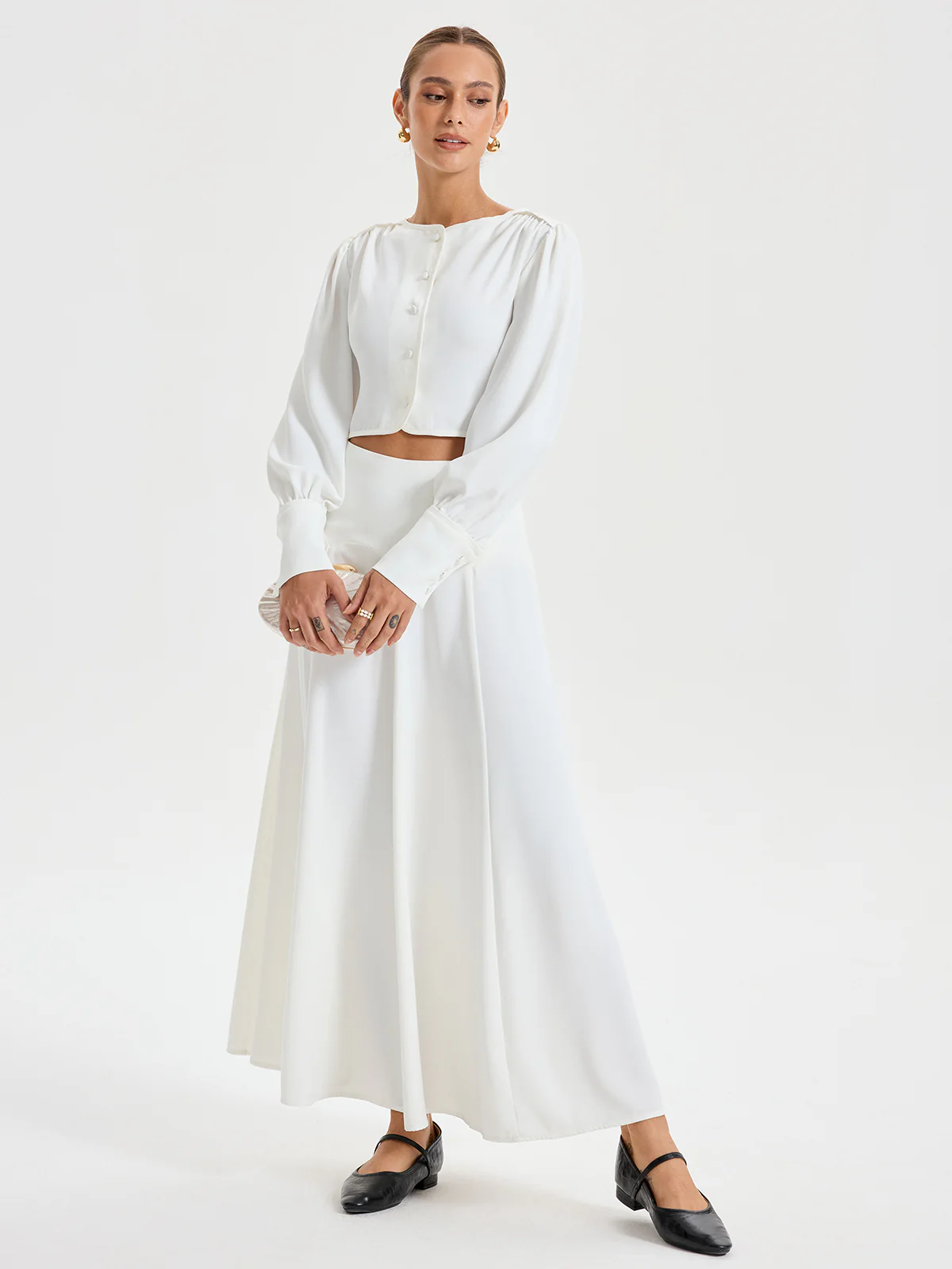 Long-Sleeve Crop Top and Maxi Skirt Set - Wholesalesil