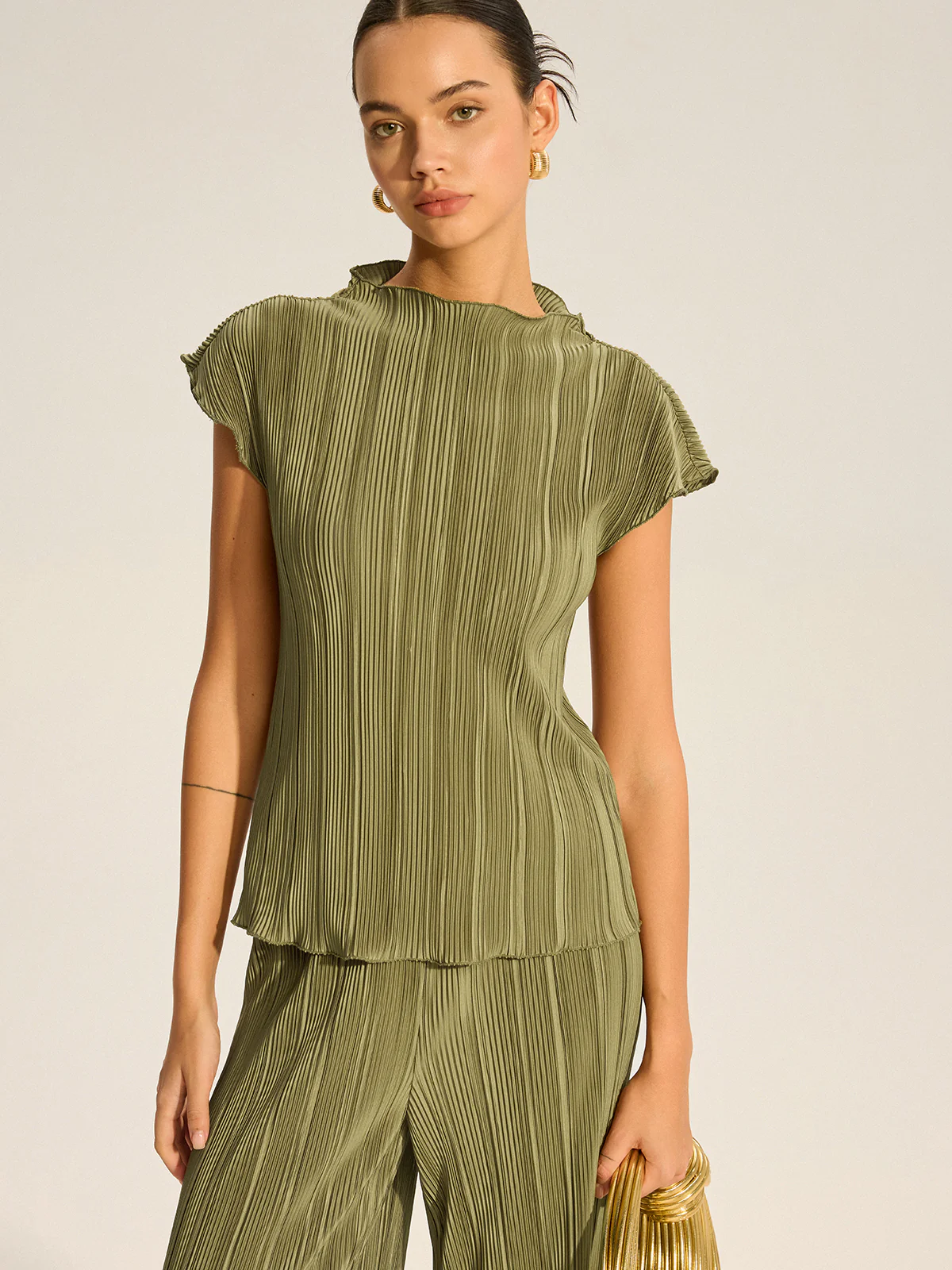 Pleated Top and Wide-Leg Pants Set - Wholesalesil