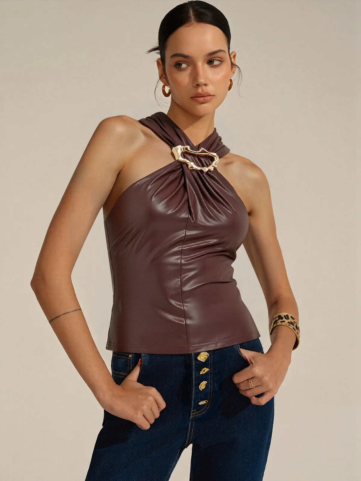 Metal Detail Halter PU Leather Tank Top - Wholesalesil