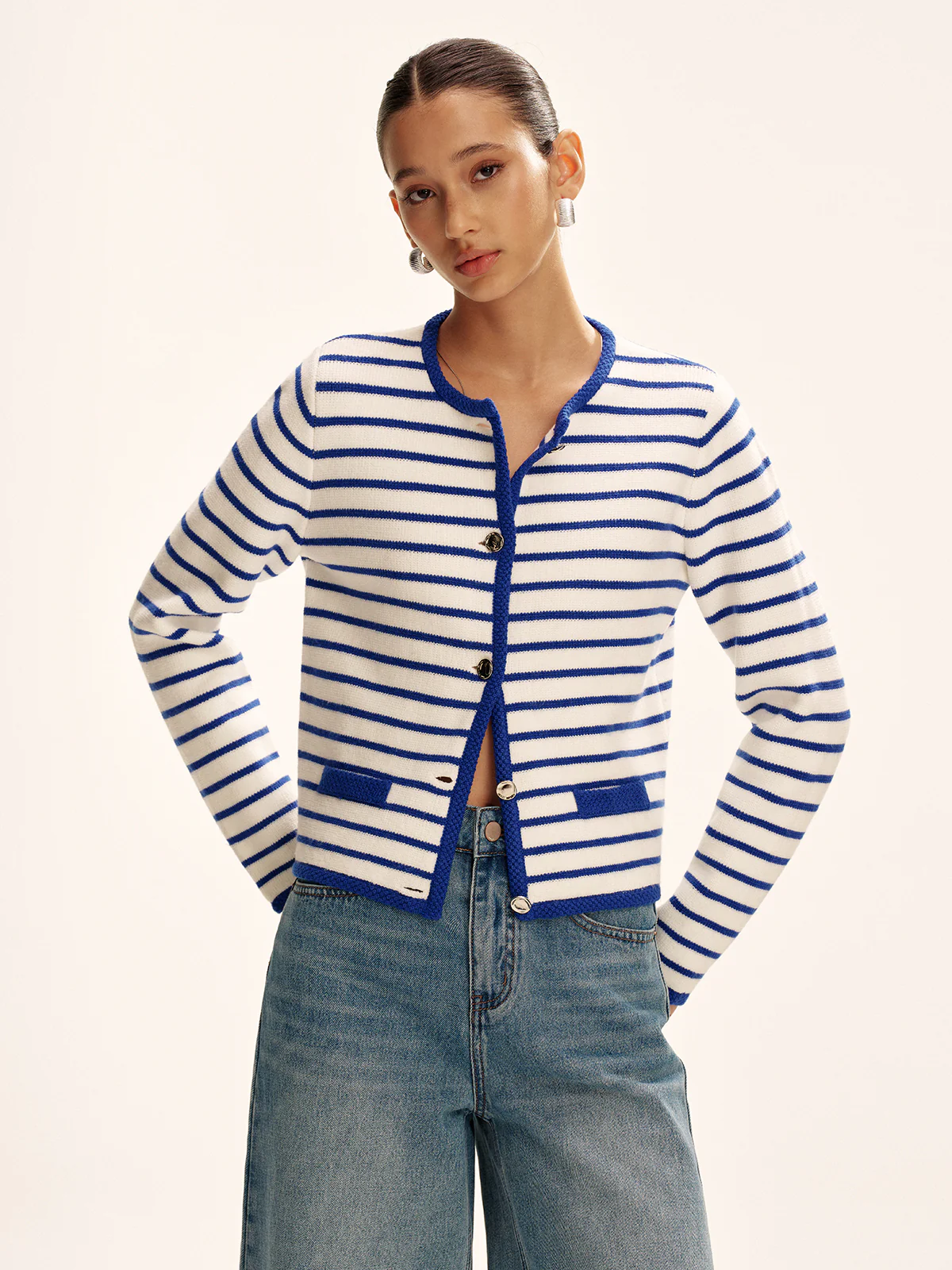 Striped Contrast Trim Knit Cardigan - Wholesalesil