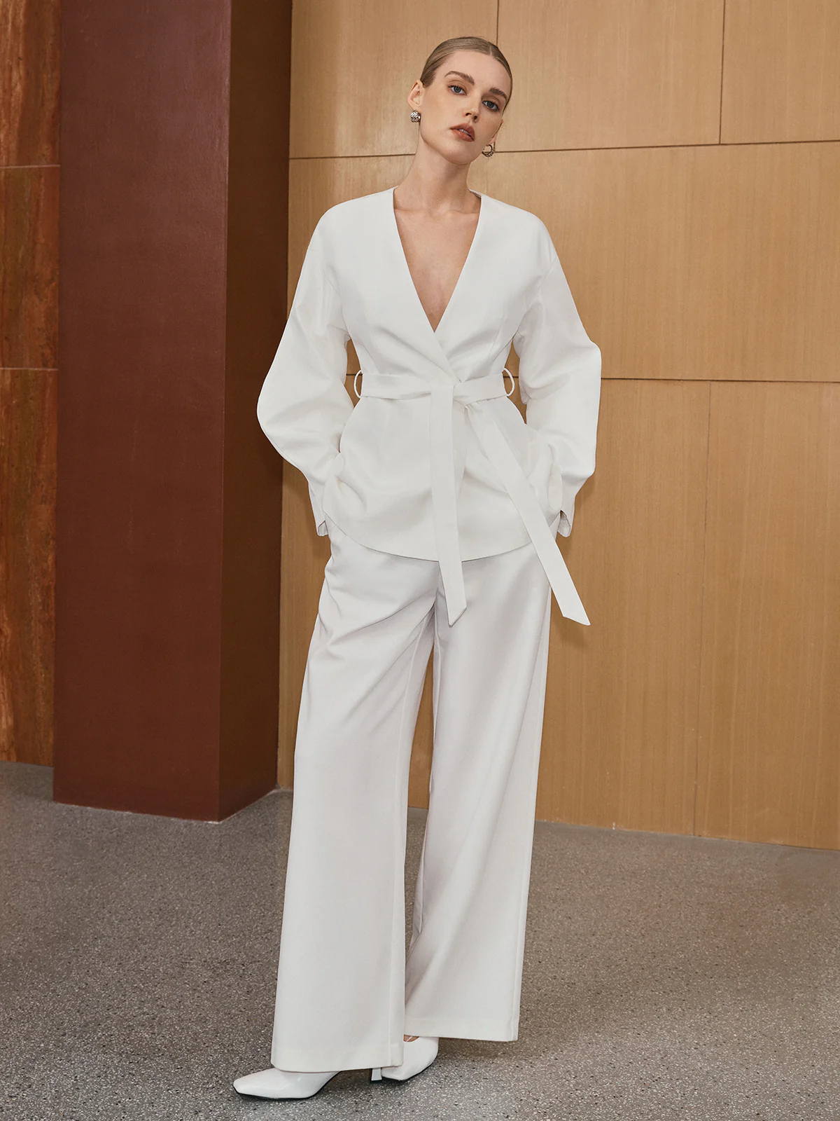 Belted Lantern Sleeve Blazer - Wholesalesil