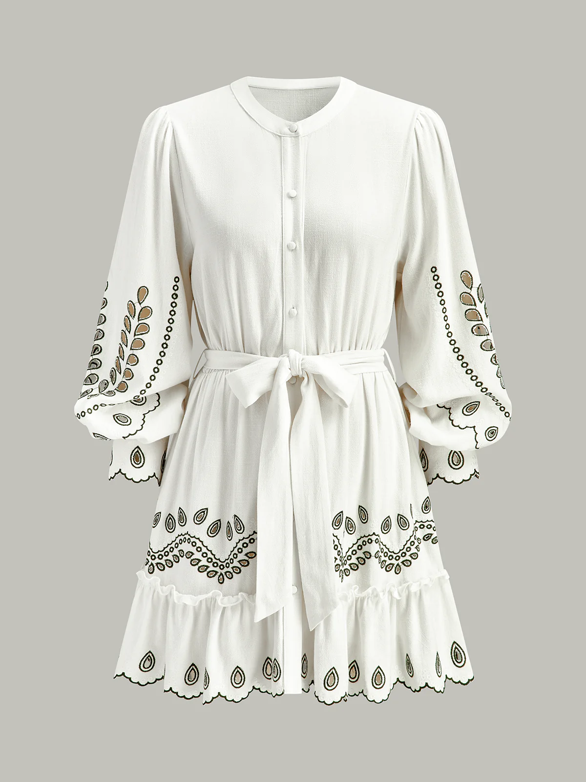 Linen & Cotton Embroidered Belted Mini Dress - Wholesalesil