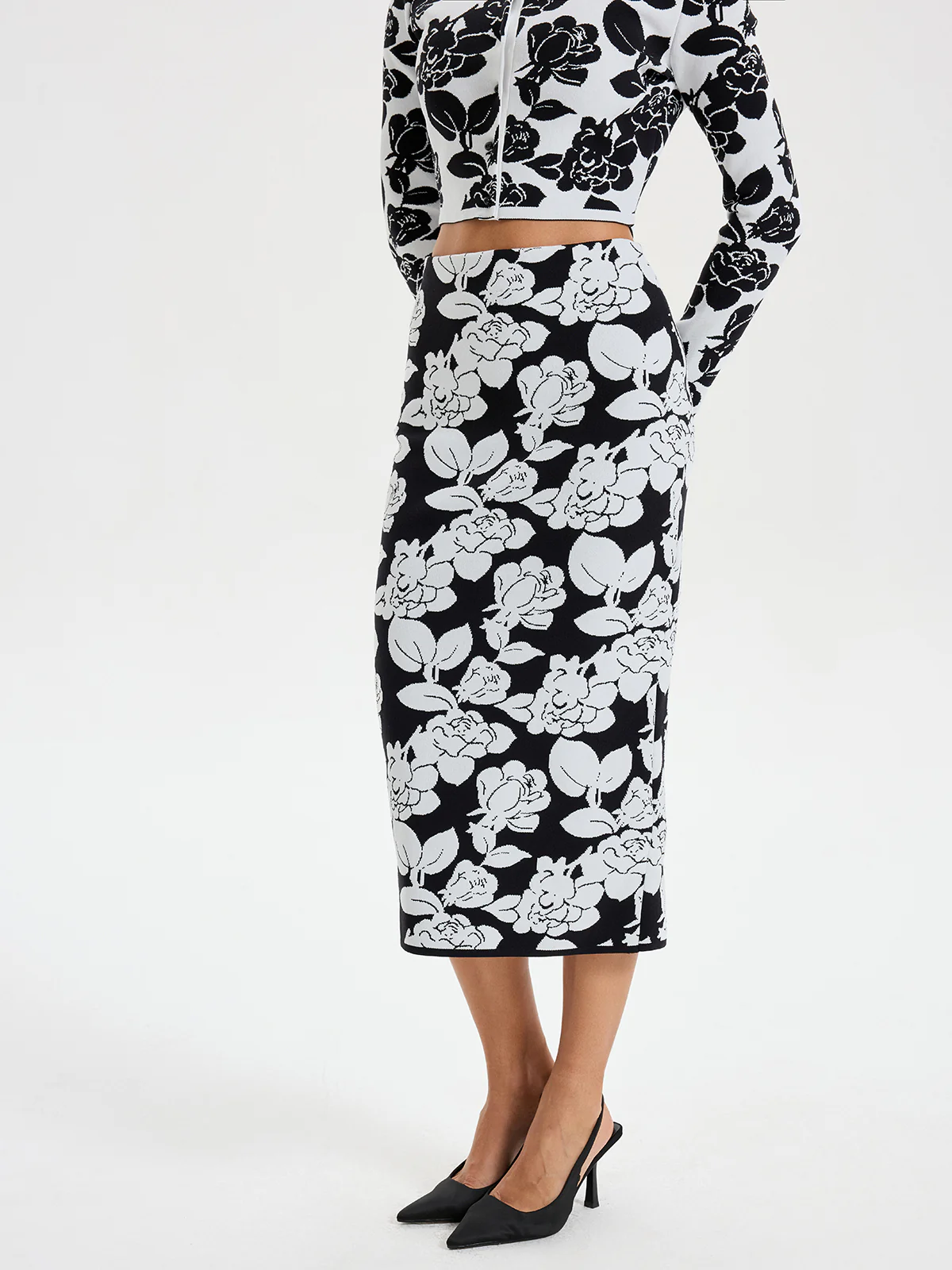 Floral Pattern Knit Midi Skirt - Wholesalesil