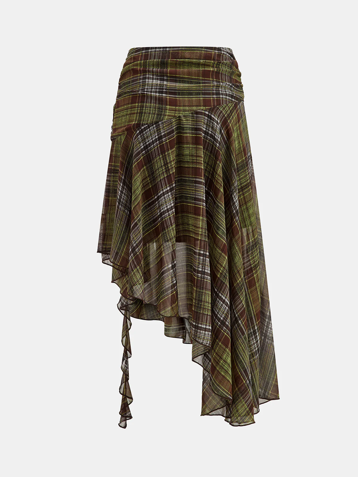 Plaid Chiffon Asymmetric Midi Skirt - Wholesalesil