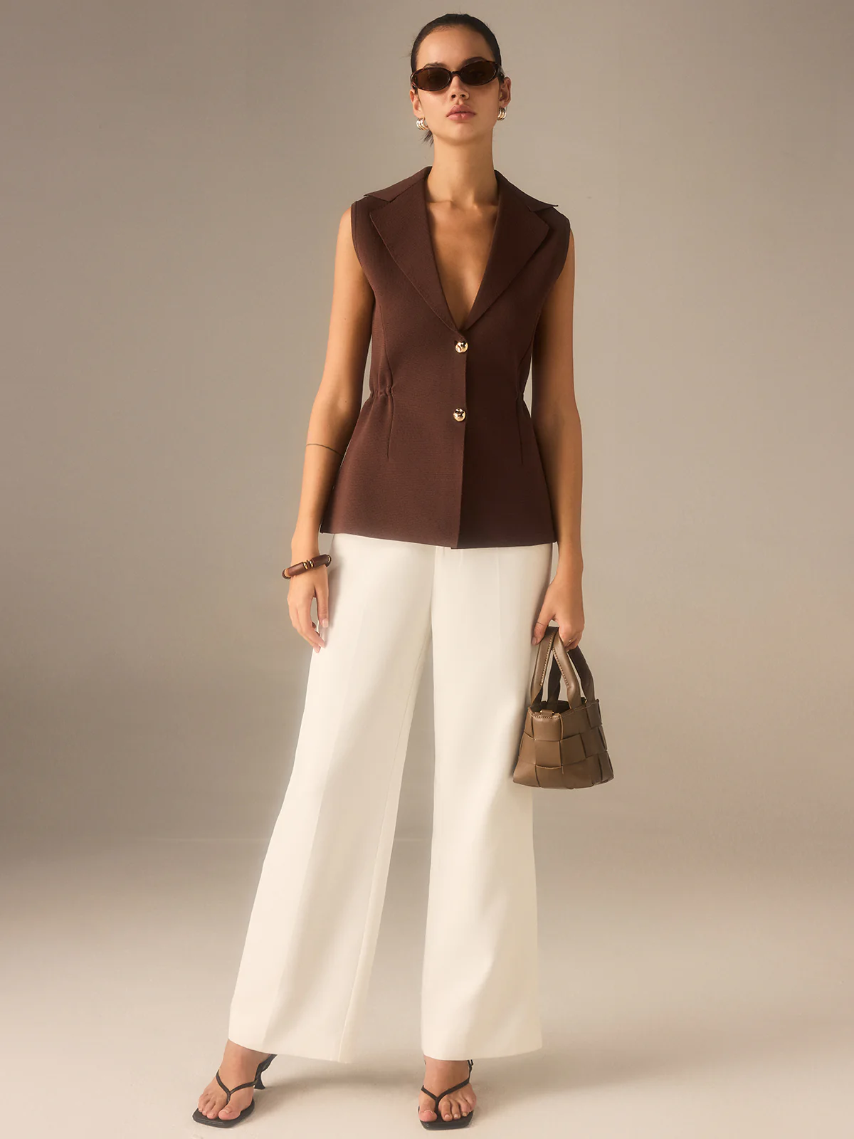 Metal Button Knitted Sleeveless Blazer Vest - Wholesalesil