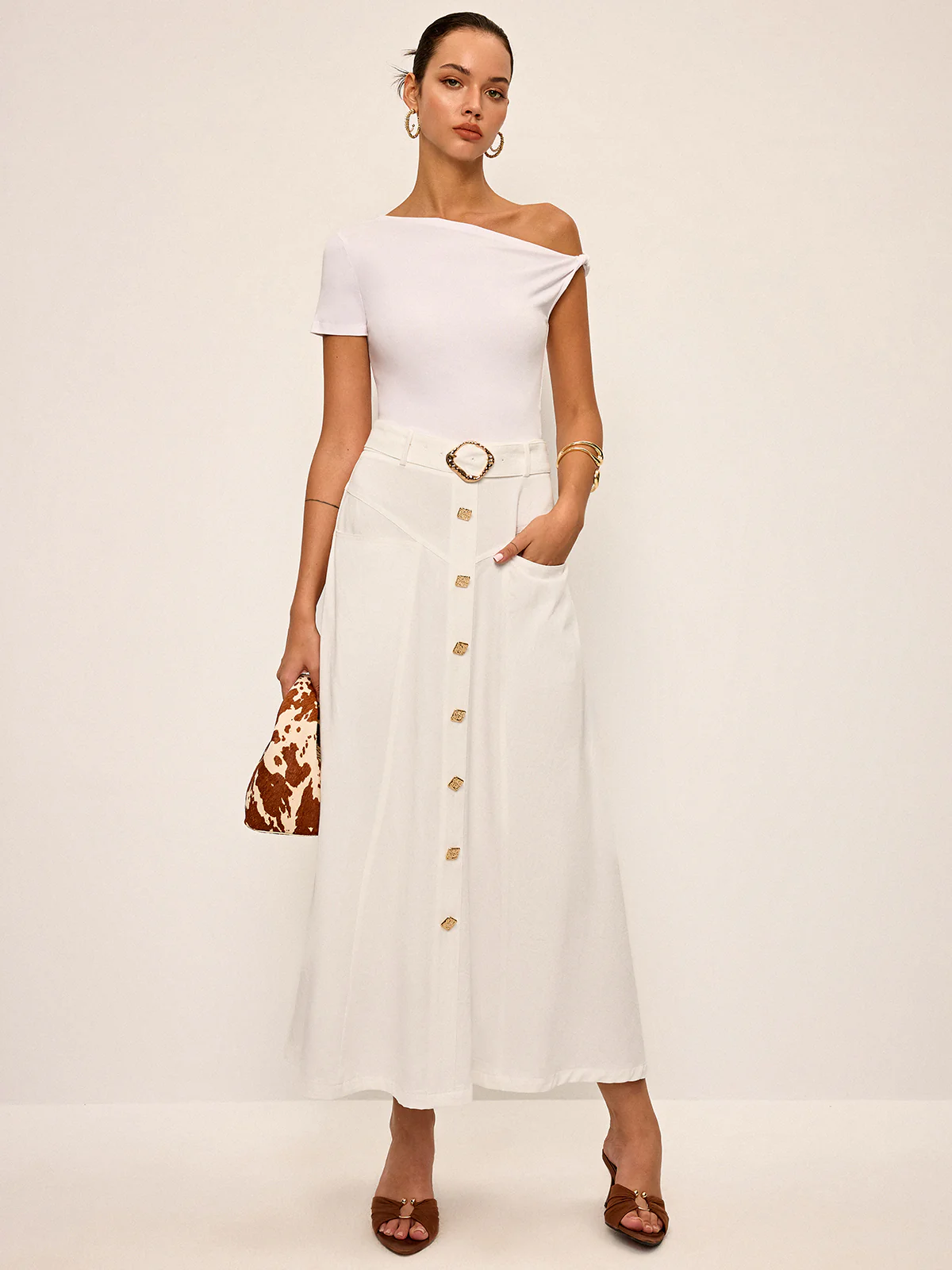 Cotton Button-Front Midi Skirt with Belt - Wholesalesil