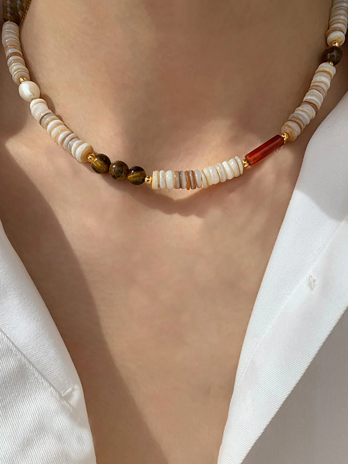 Tiger Eye and Shell Beaded Necklace - Wholesalesil