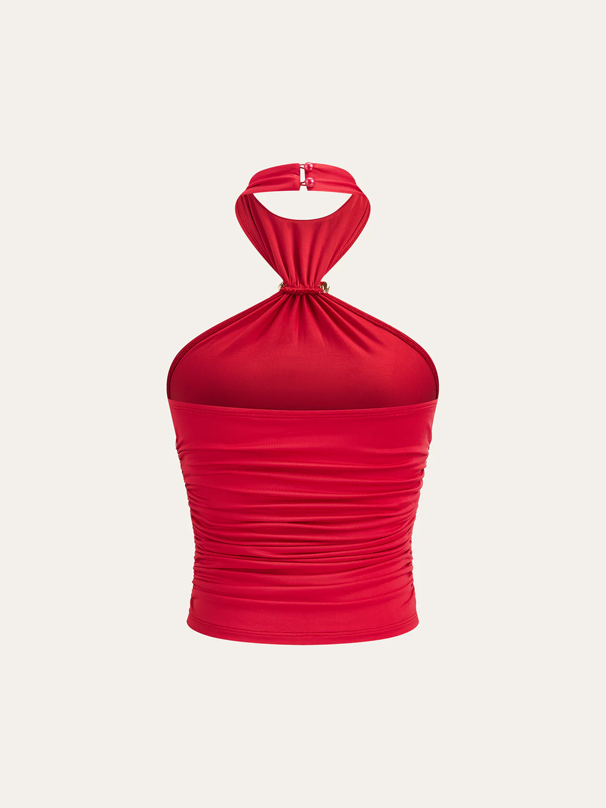 Semi-Sheer Halter Neck Ruched Top with Metal Floral Decor - Wholesalesil