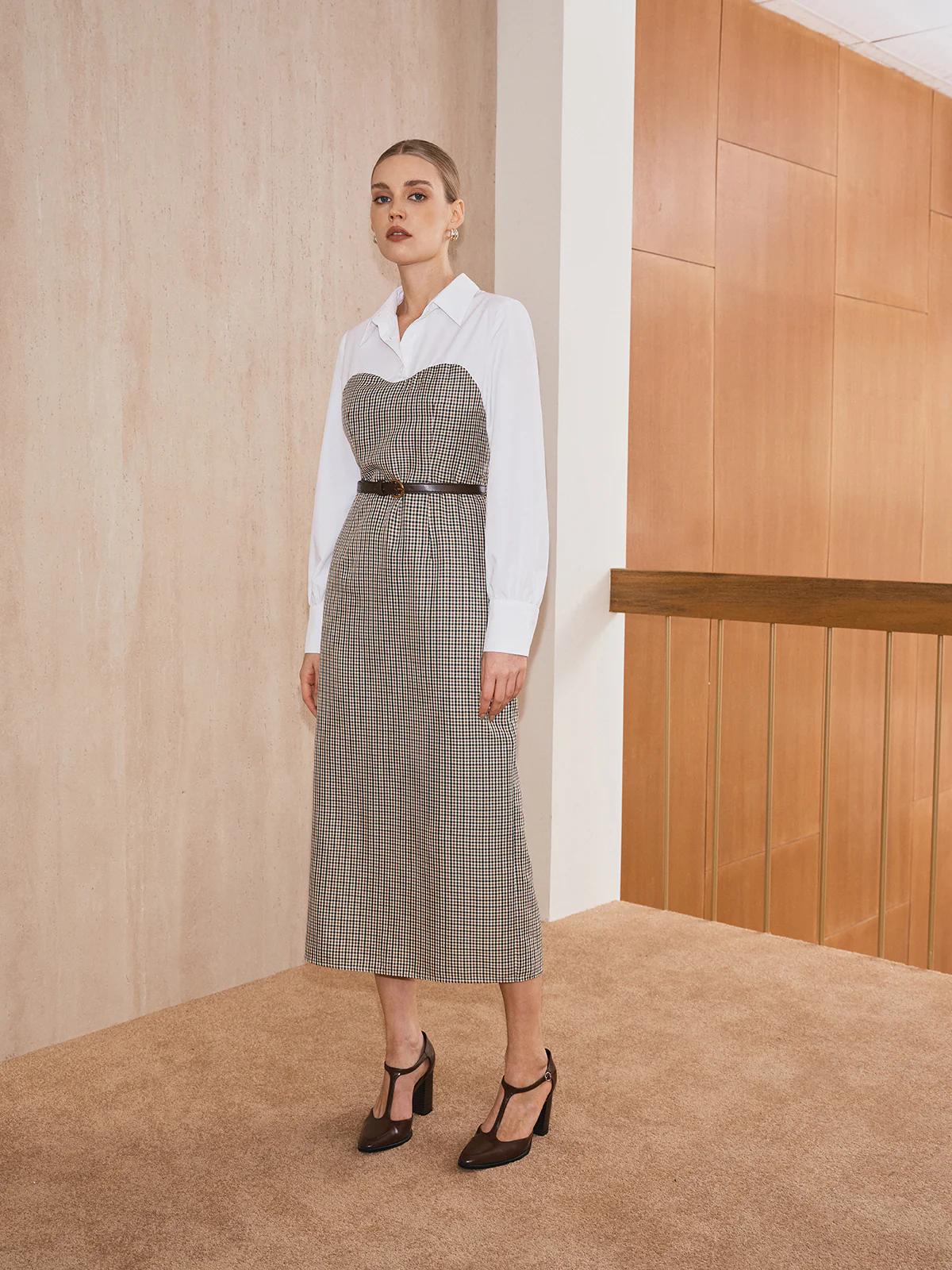 2 in 1 Shirt Plaid Panel Midi Dress with Belt - Wholesalesil