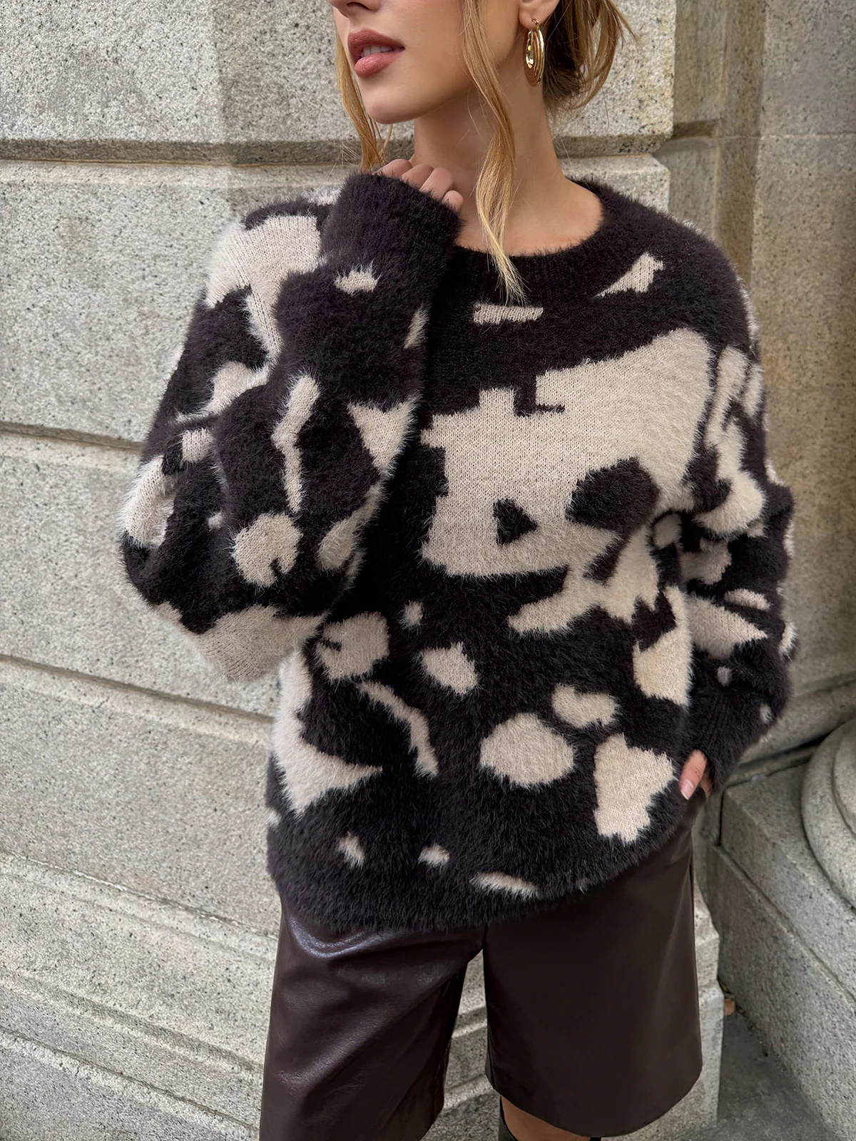 Cow Print Fuzzy Crew Neck Sweater - Wholesalesil