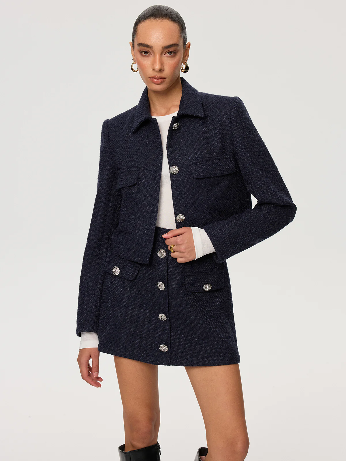 Metal Button Tweed Mini Skirt - Wholesalesil