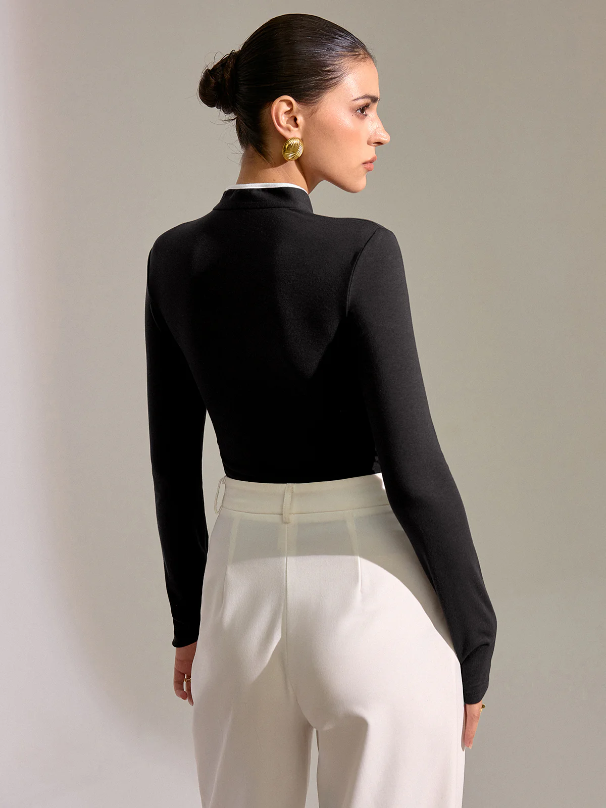 Contrast Trim Mandarin Collar Fitted T-Shirt - Wholesalesil