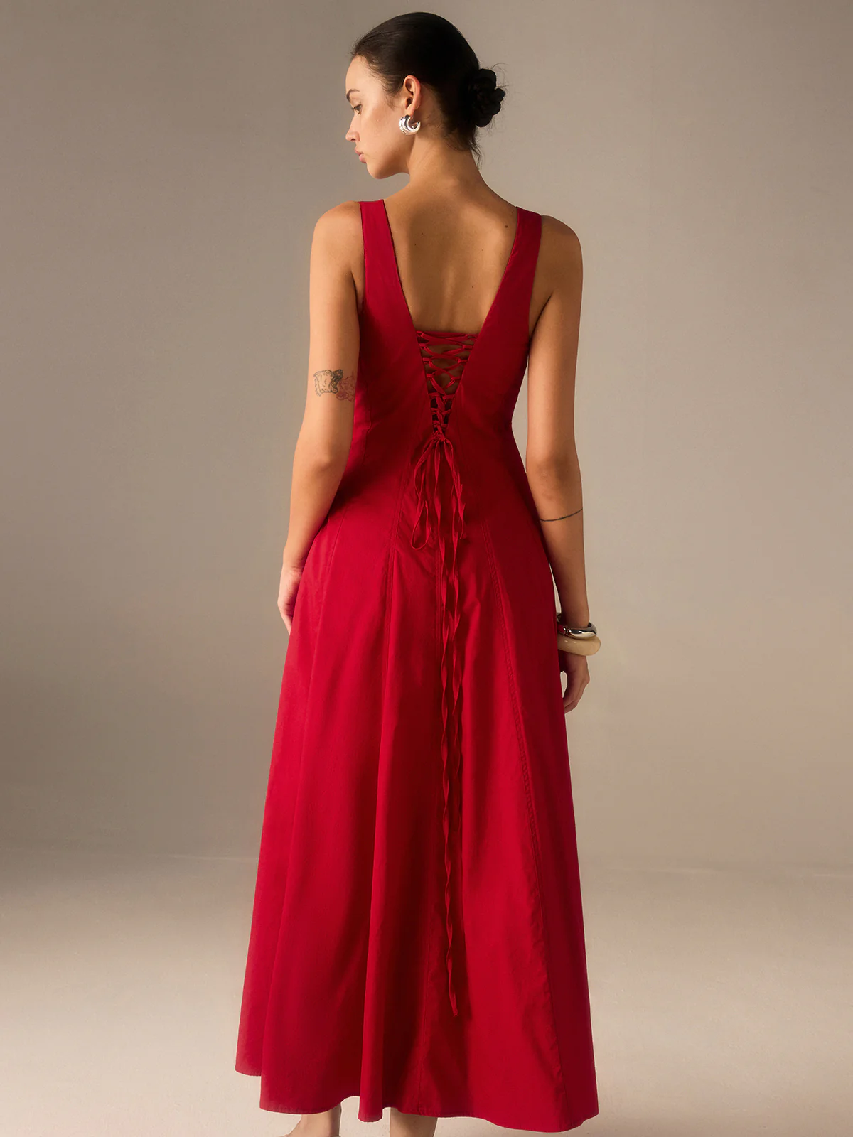 Cotton Maxi Dress with Lace-Up Back - Wholesalesil