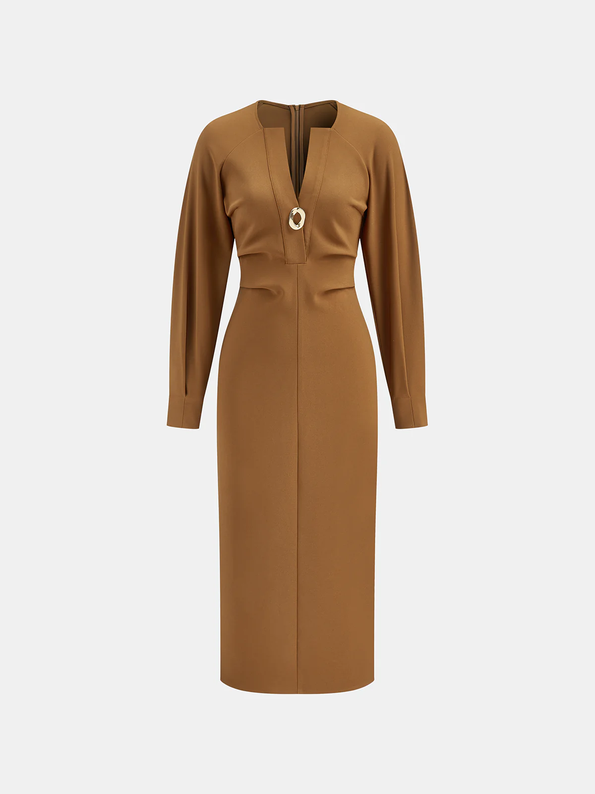 V-Neck Metal Detail Fitted Waist Dress - Wholesalesil