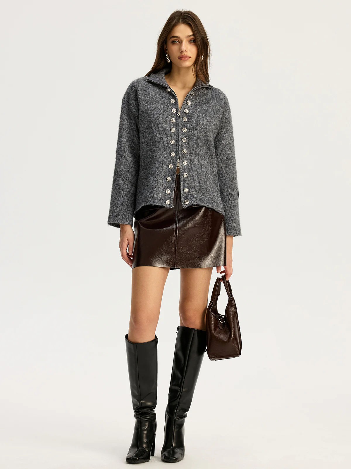 Double-breasted Stand-up Collar Zipper Cardigan - Wholesalesil