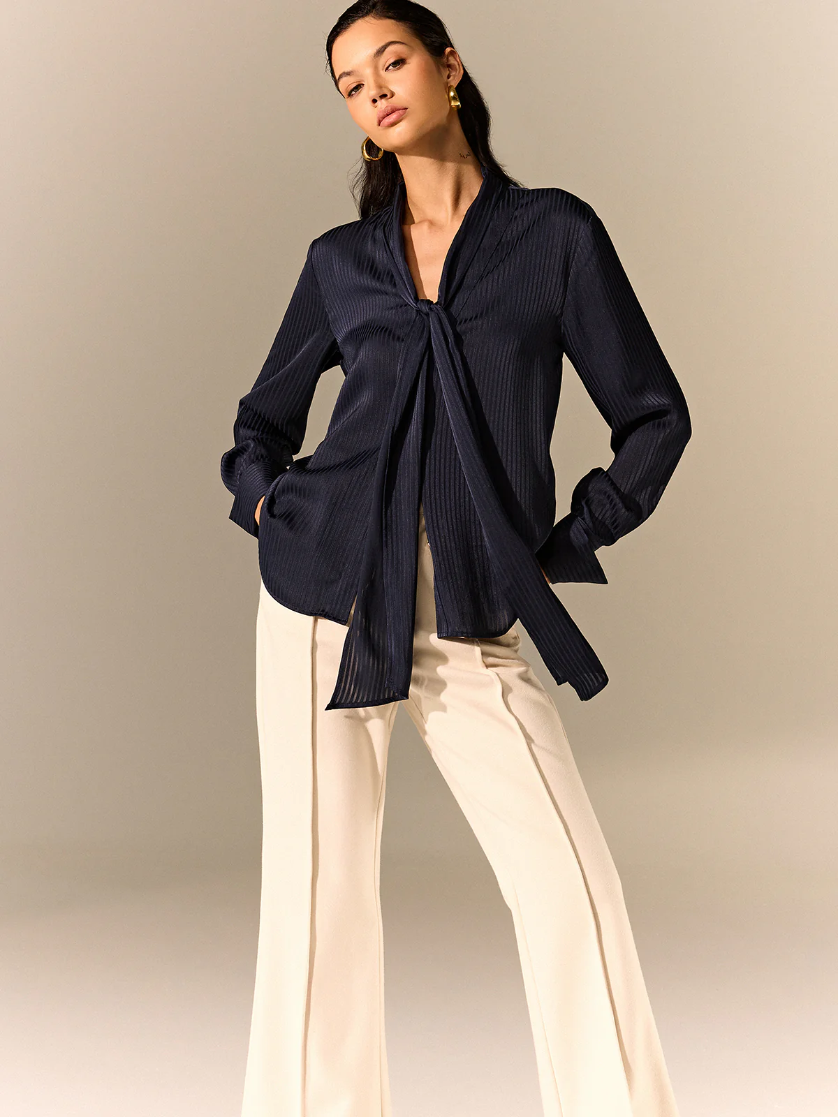 Tie-Neck Long-Sleeve Satin Blouse - Wholesalesil