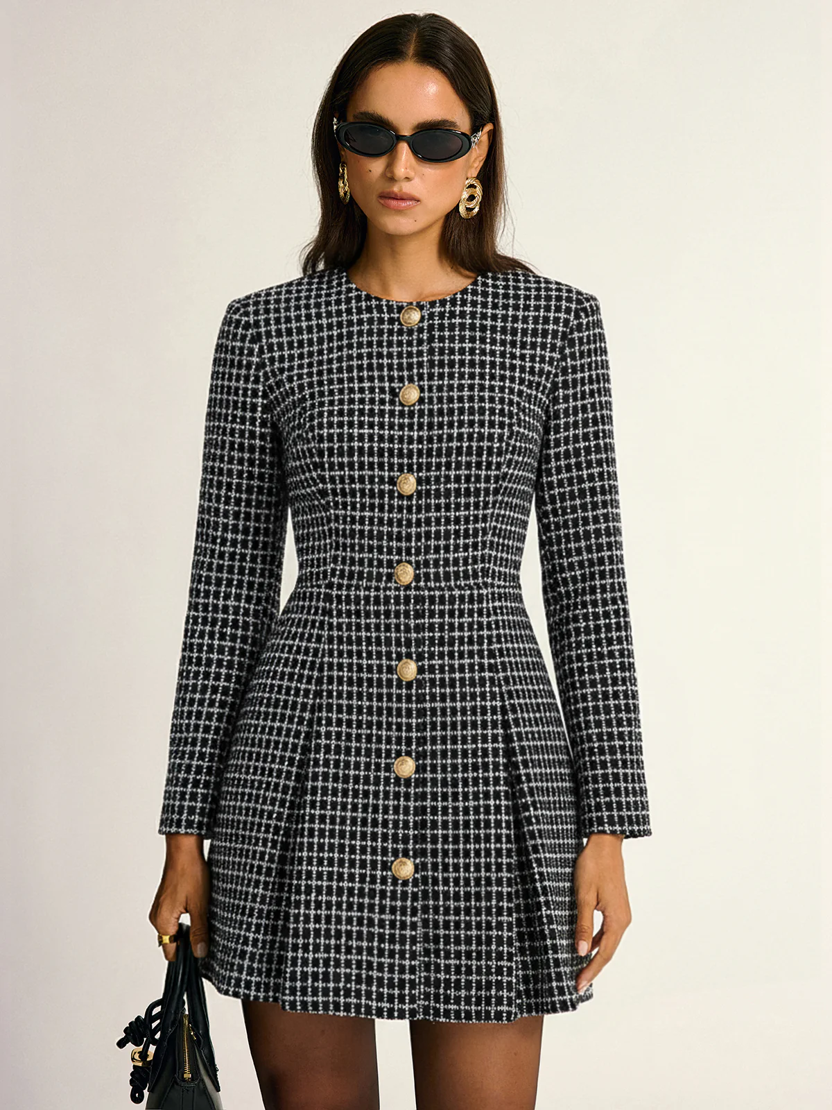 Plaid Metal Button A-Line Mini Dress - Wholesalesil