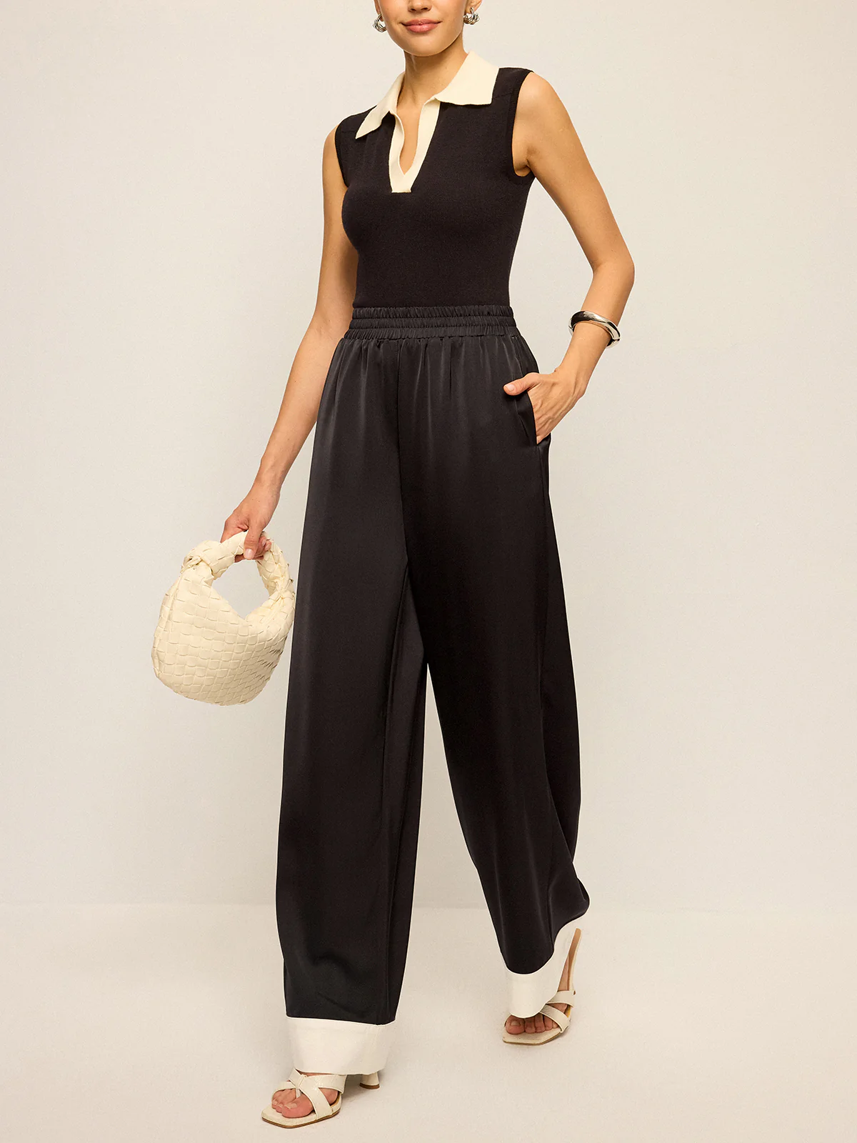 Satin Wide-Leg Pants with Contrast Cuffs - Wholesalesil