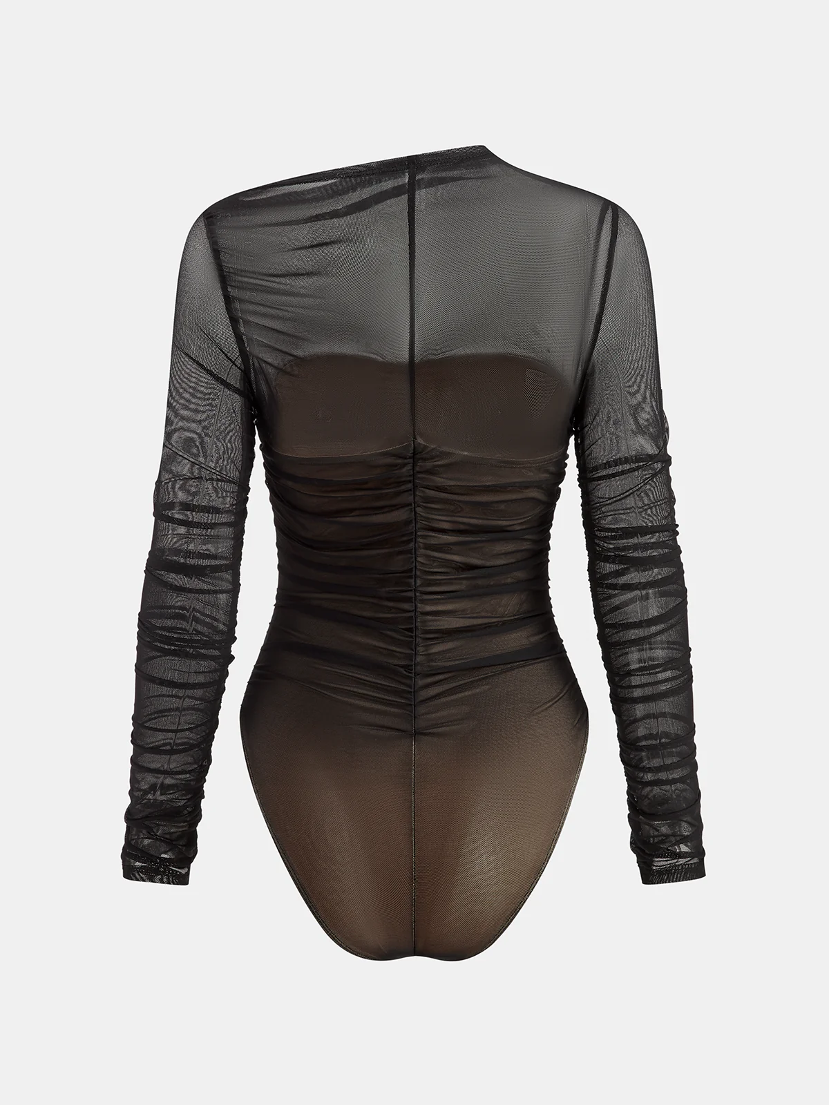 Sheer Mesh Ruched Long Sleeve Bodysuit - Wholesalesil