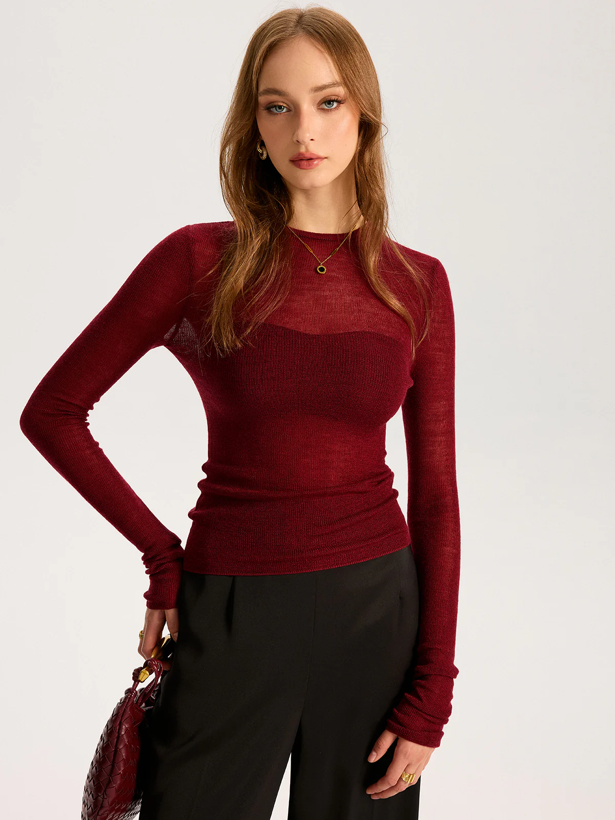 Semi-Sheer Wool-Blend Long Sleeve Knit Top - Wholesalesil