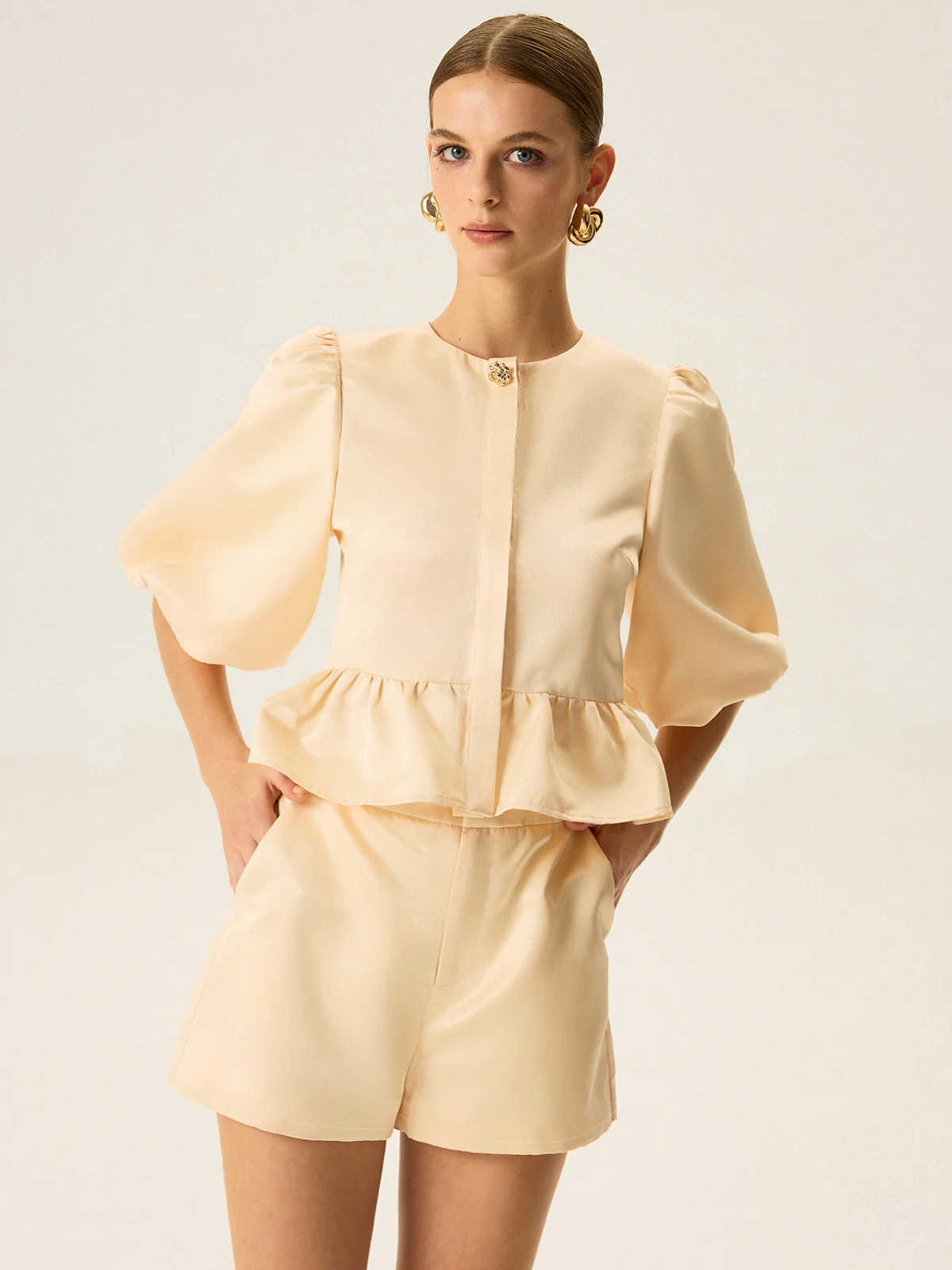 Puff Sleeve Peplum Top and Shorts Set - Wholesalesil