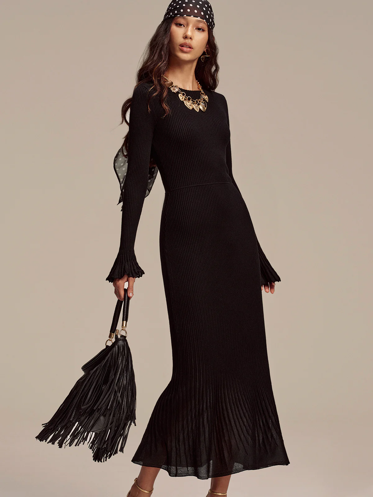 Wool Blend Ribbed Knit Maxi Dress with Mesh Hem - Wholesalesil