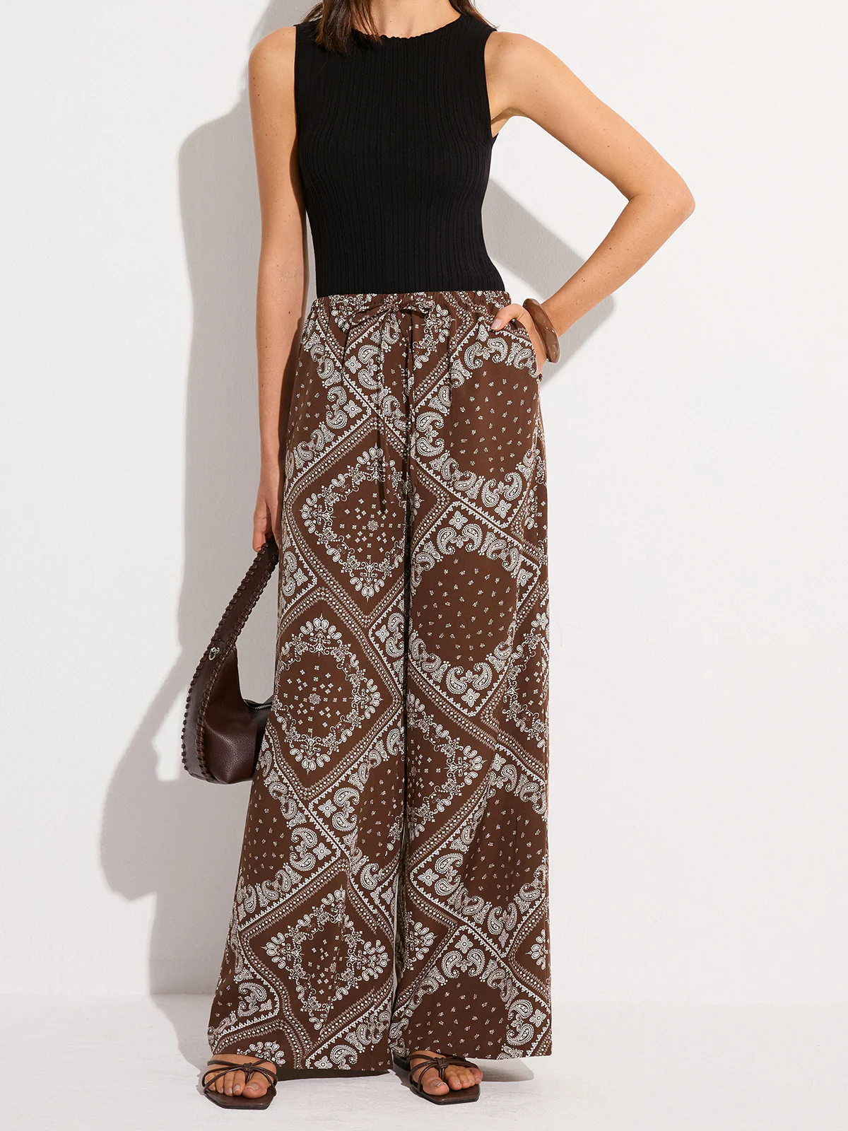 Paisley Print Pocketed Wide-Leg Pants - Wholesalesil