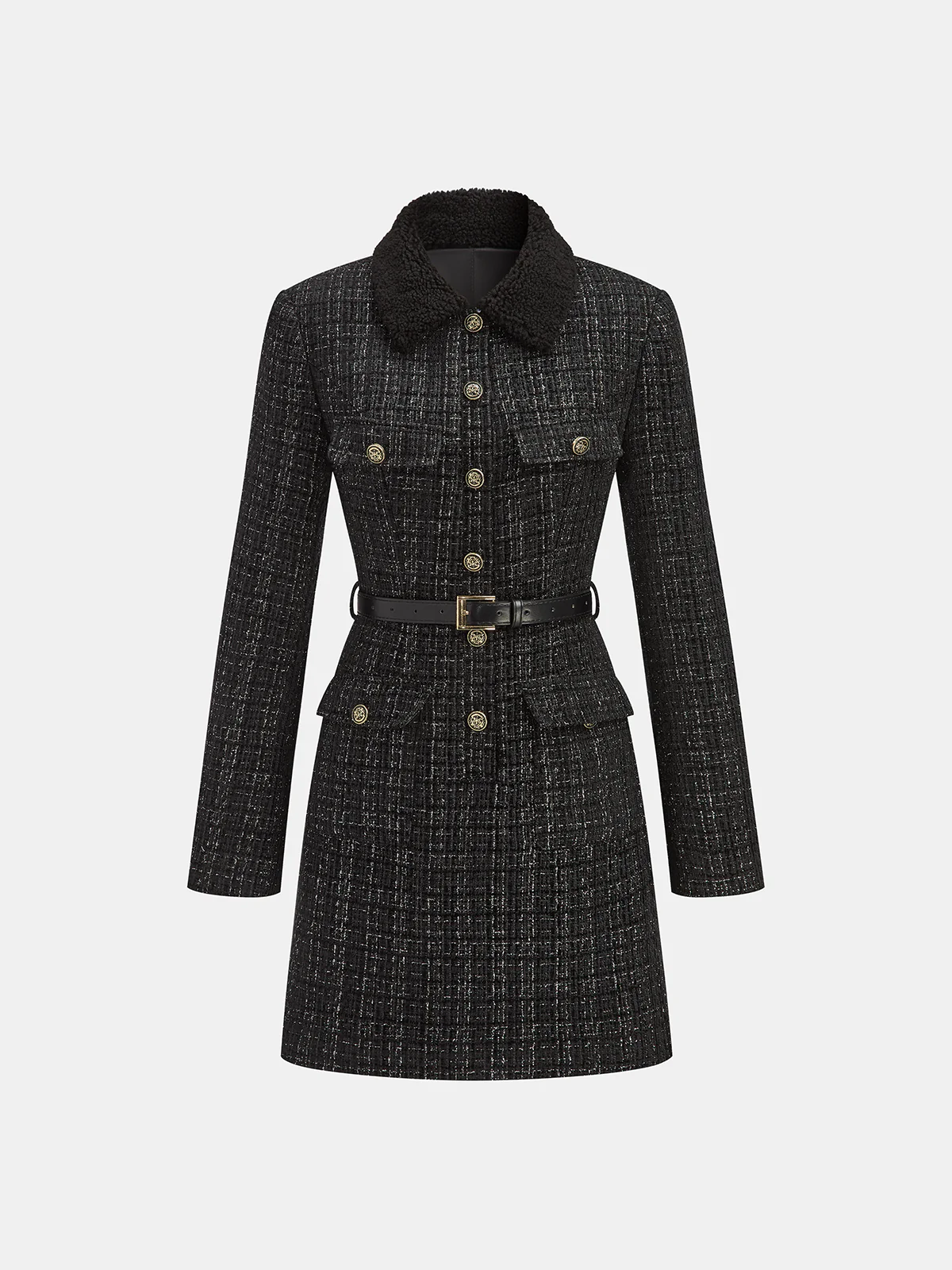 Faux Fur Collar Tweed Belted Mini Dress - Wholesalesil